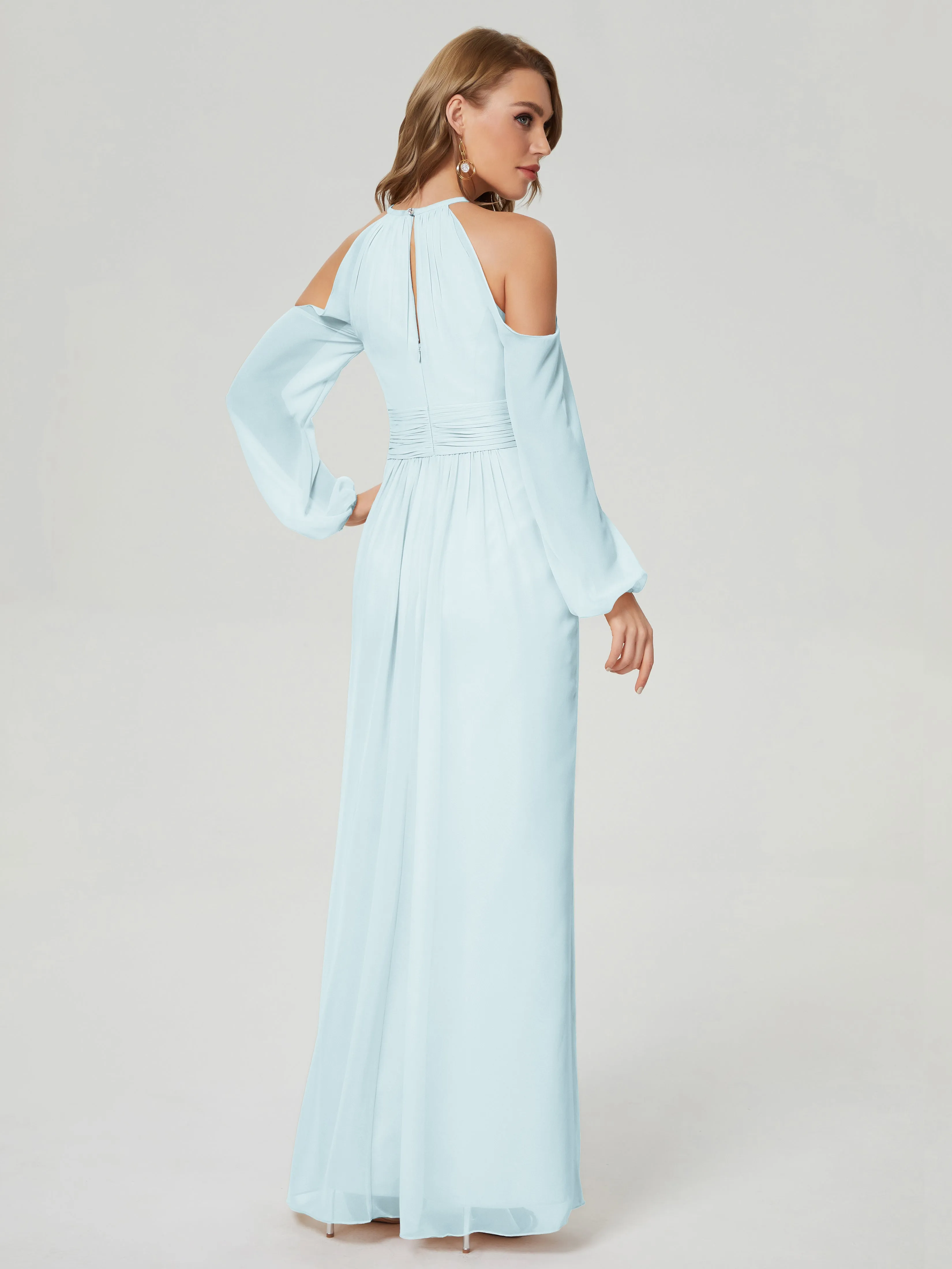 Phoebe Halter Long Sleeves Chiffon Bridesmaid Dresses