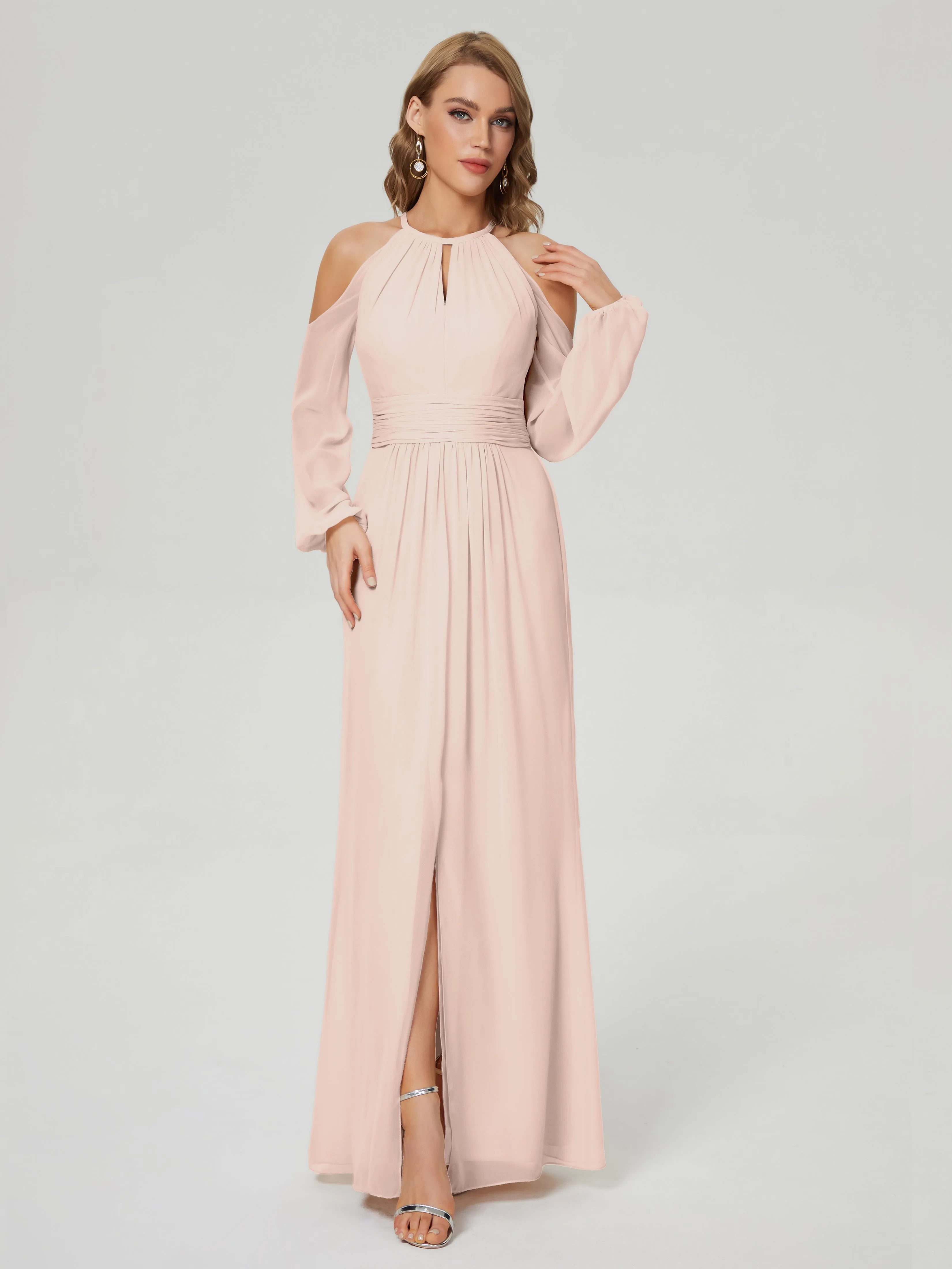 Phoebe Halter Long Sleeves Chiffon Bridesmaid Dresses