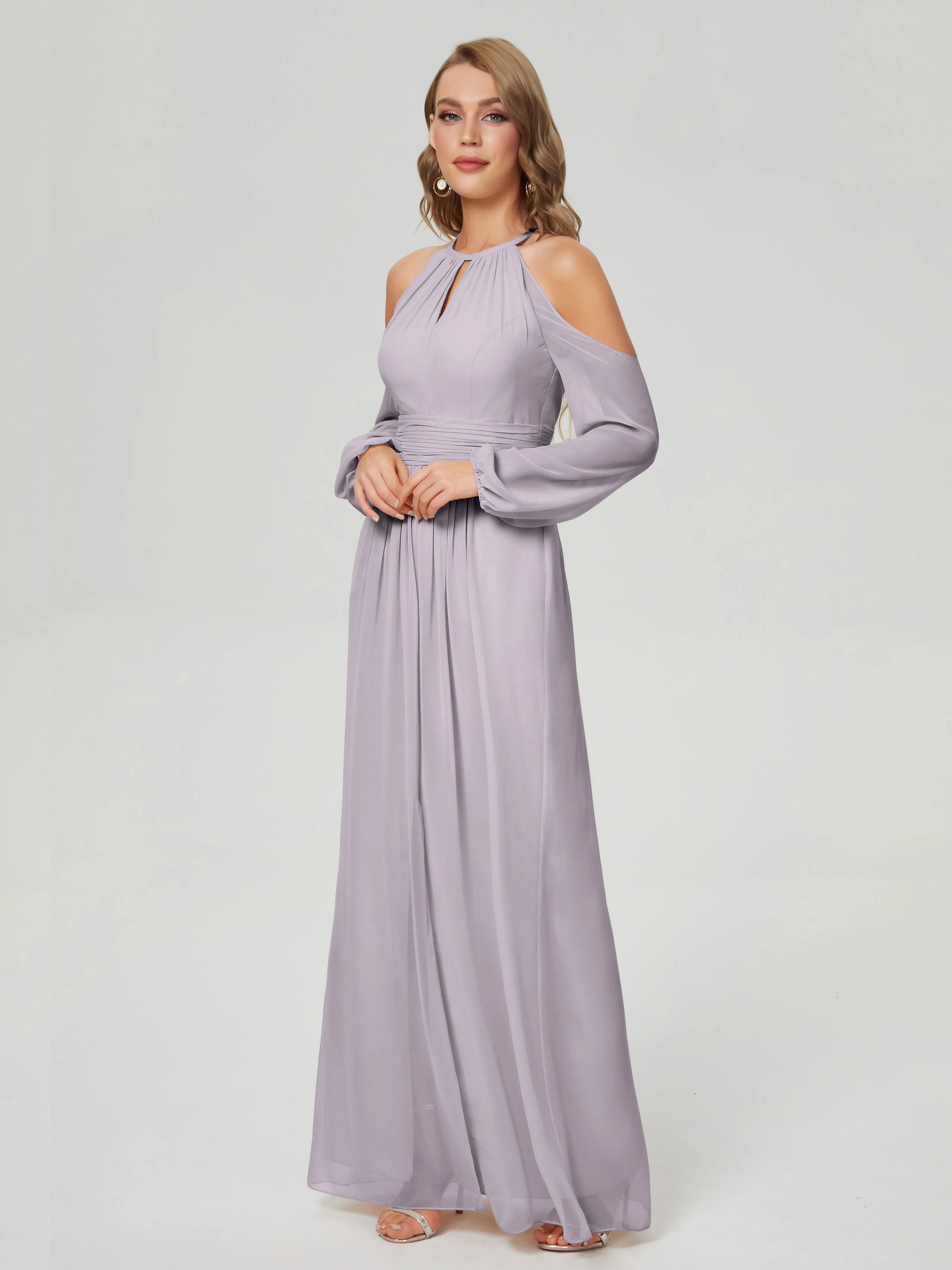 Phoebe Halter Long Sleeves Chiffon Bridesmaid Dresses