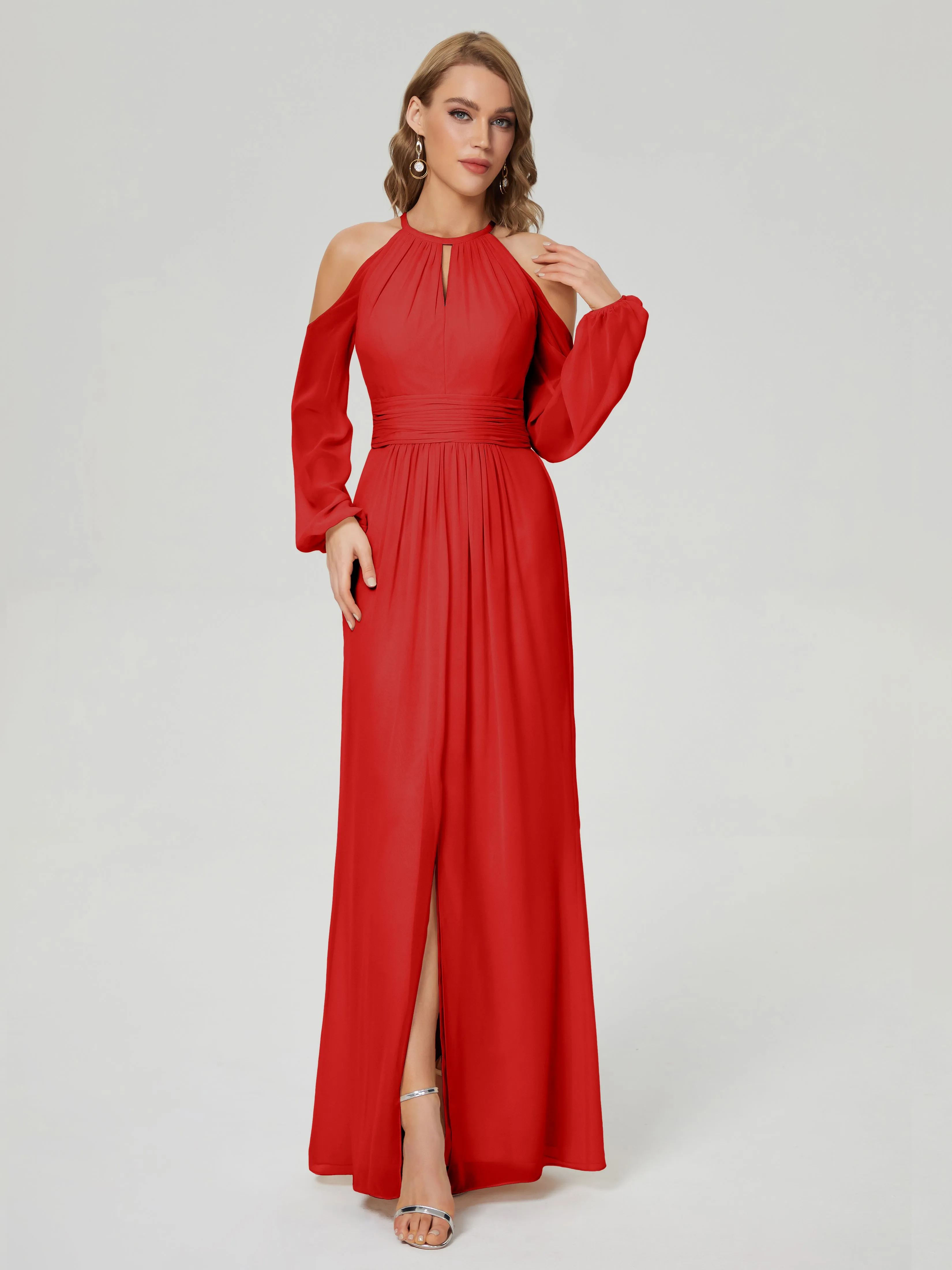 Phoebe Halter Long Sleeves Chiffon Bridesmaid Dresses
