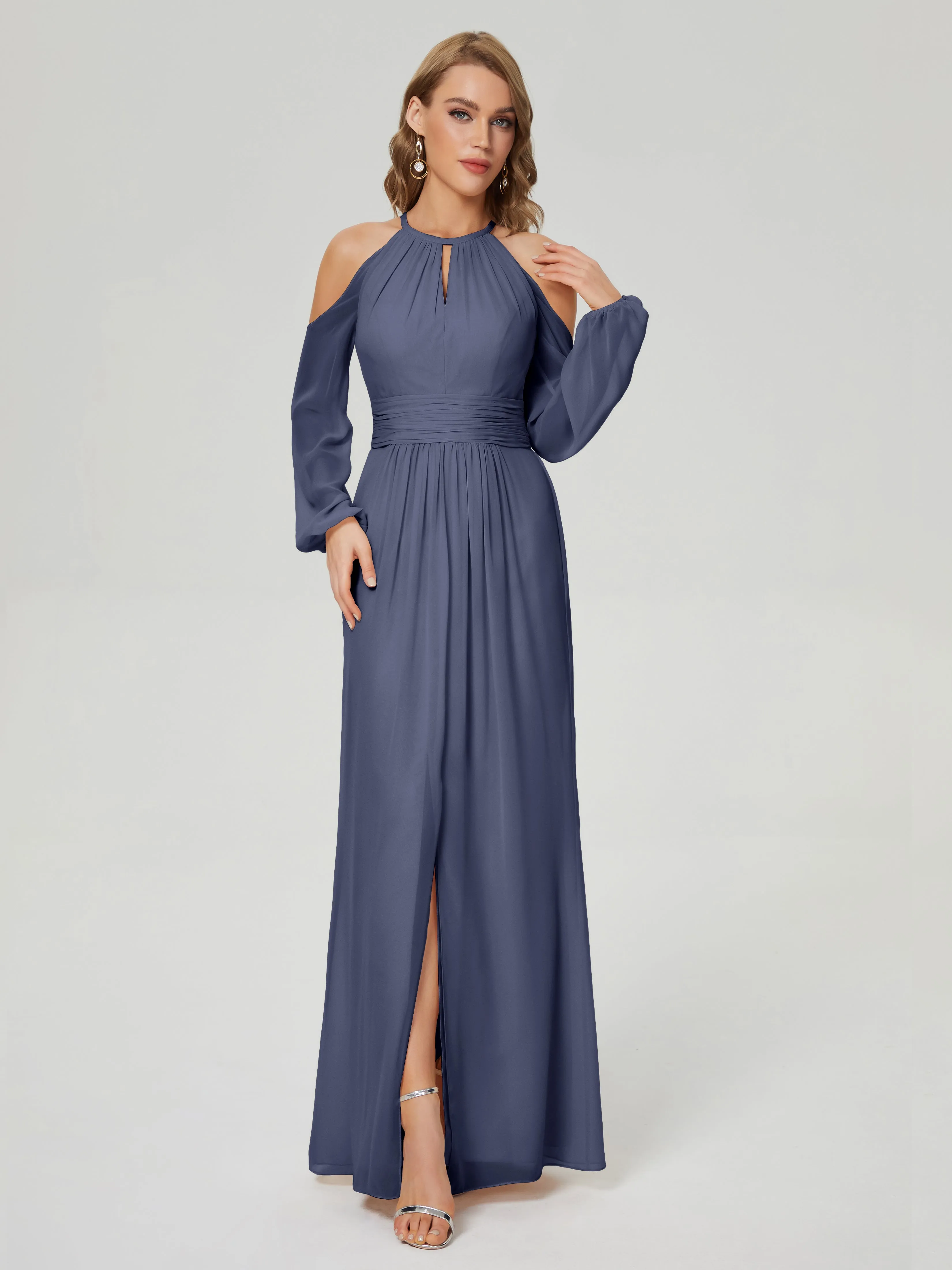 Phoebe Halter Long Sleeves Chiffon Bridesmaid Dresses