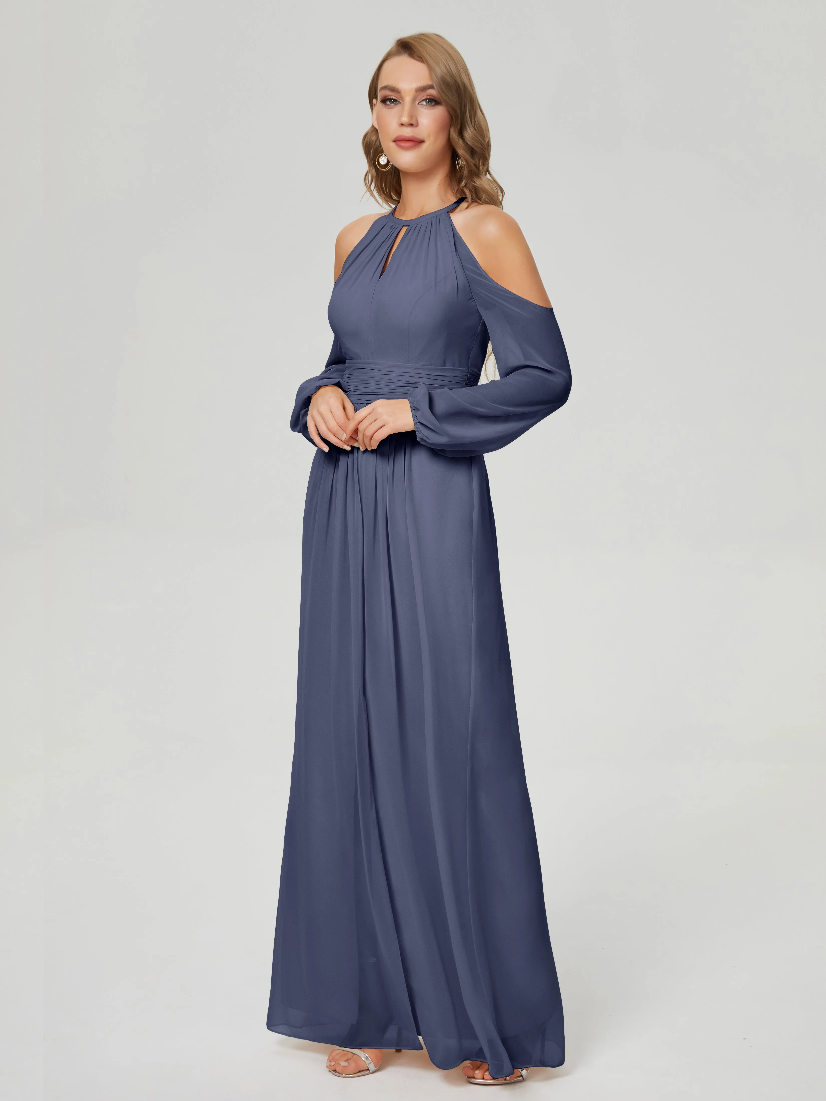 Phoebe Halter Long Sleeves Chiffon Bridesmaid Dresses
