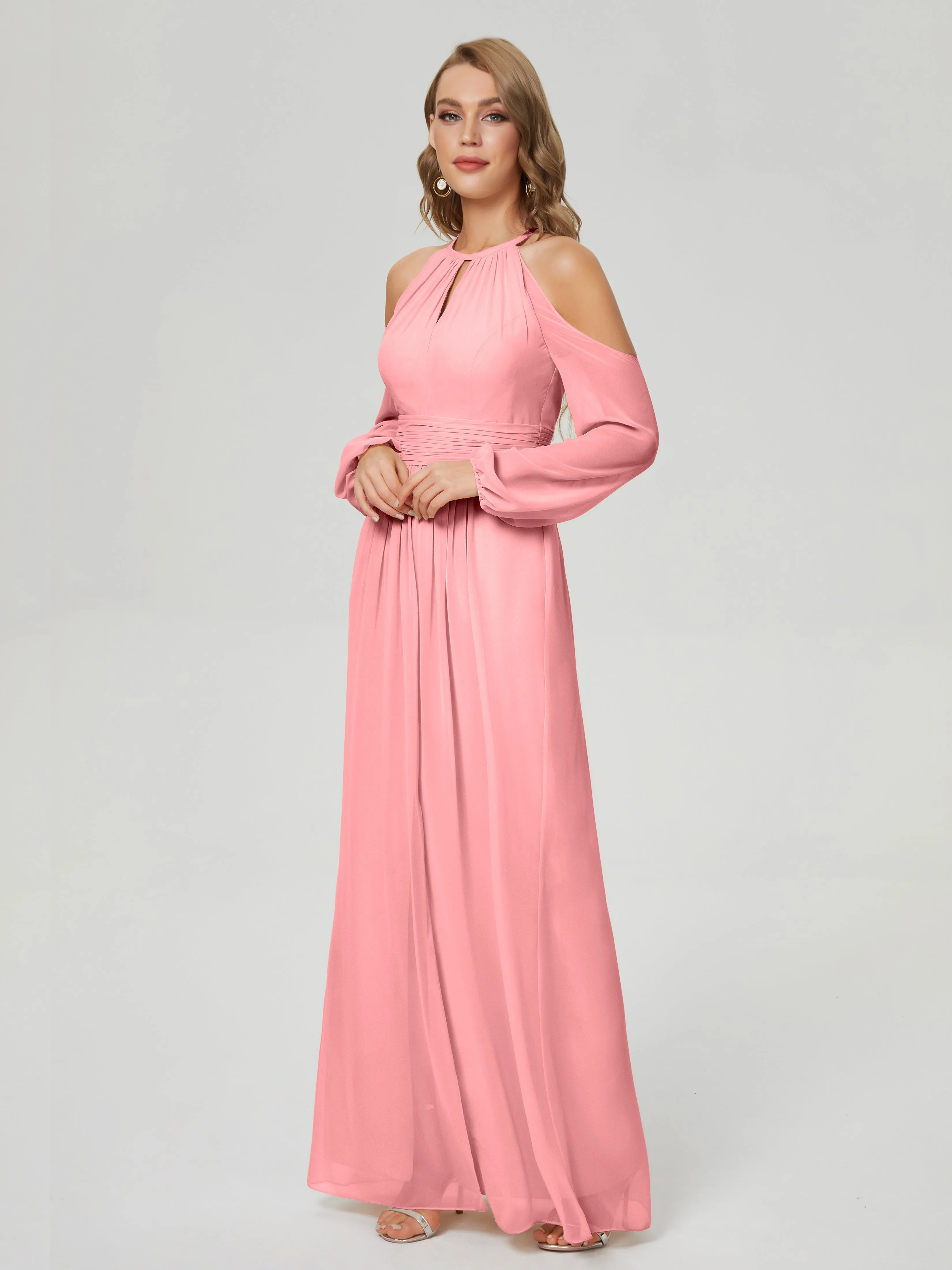 Phoebe Halter Long Sleeves Chiffon Bridesmaid Dresses
