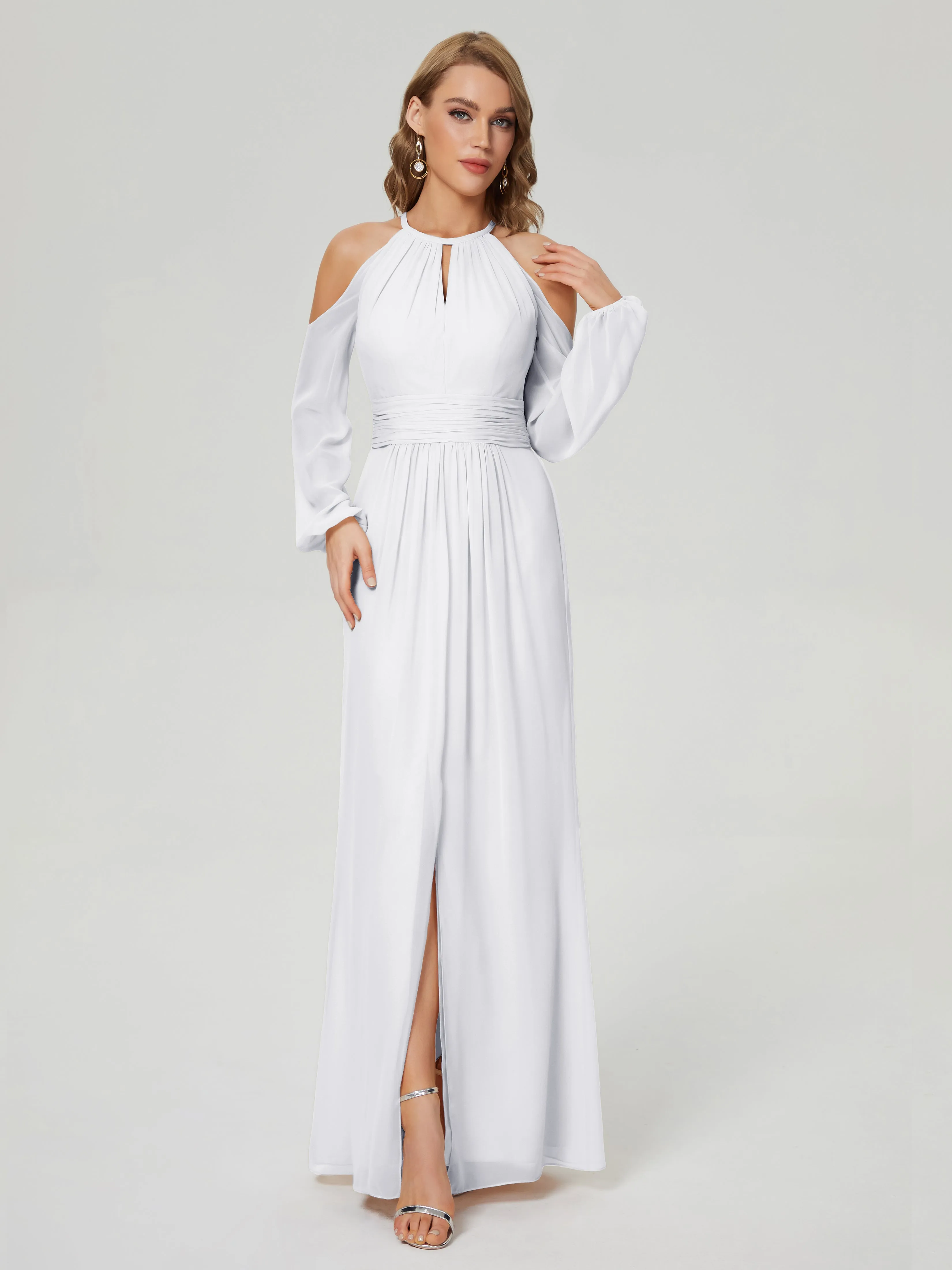 Phoebe Halter Long Sleeves Chiffon Bridesmaid Dresses