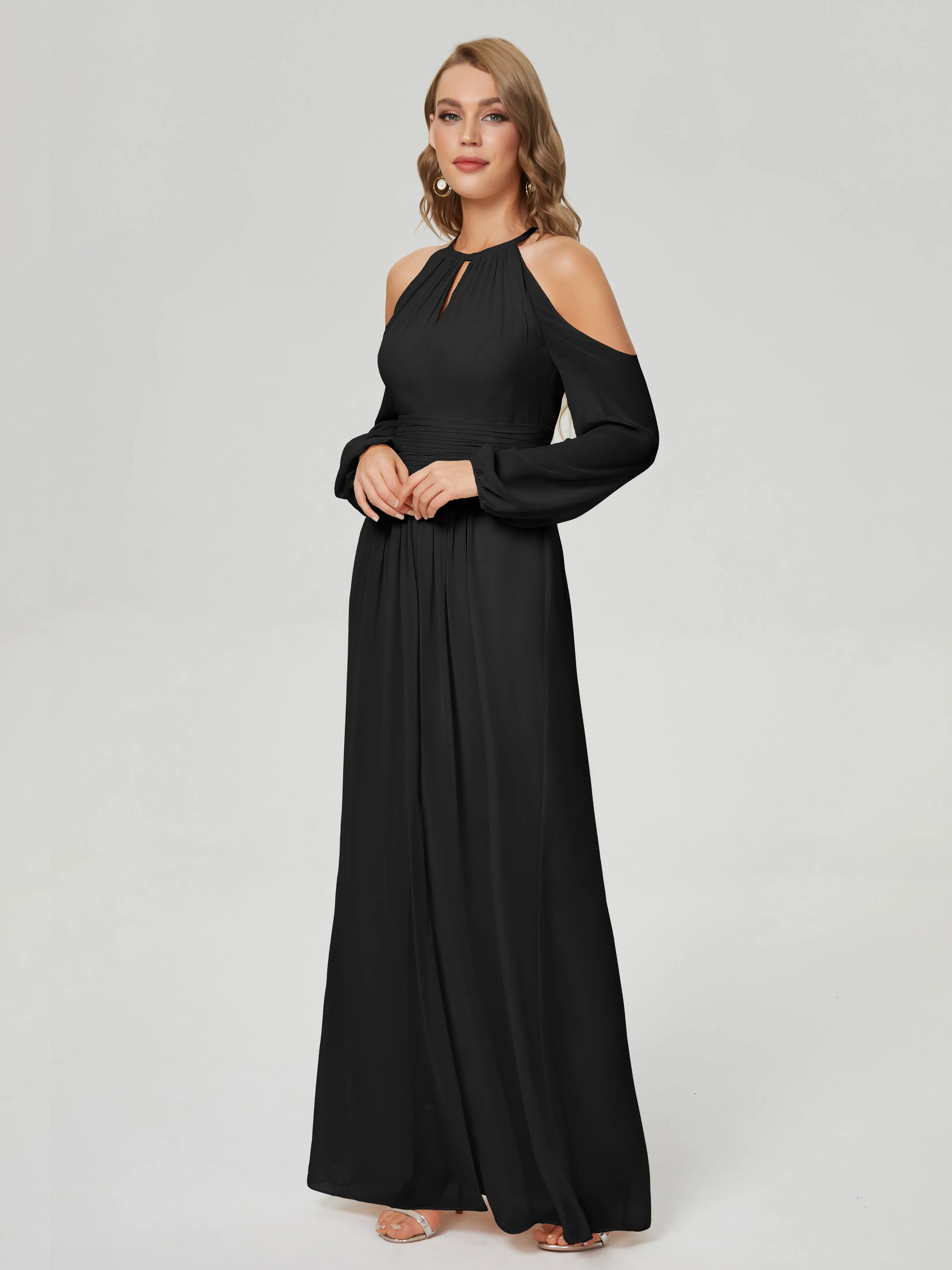 Phoebe Halter Long Sleeves Chiffon Bridesmaid Dresses