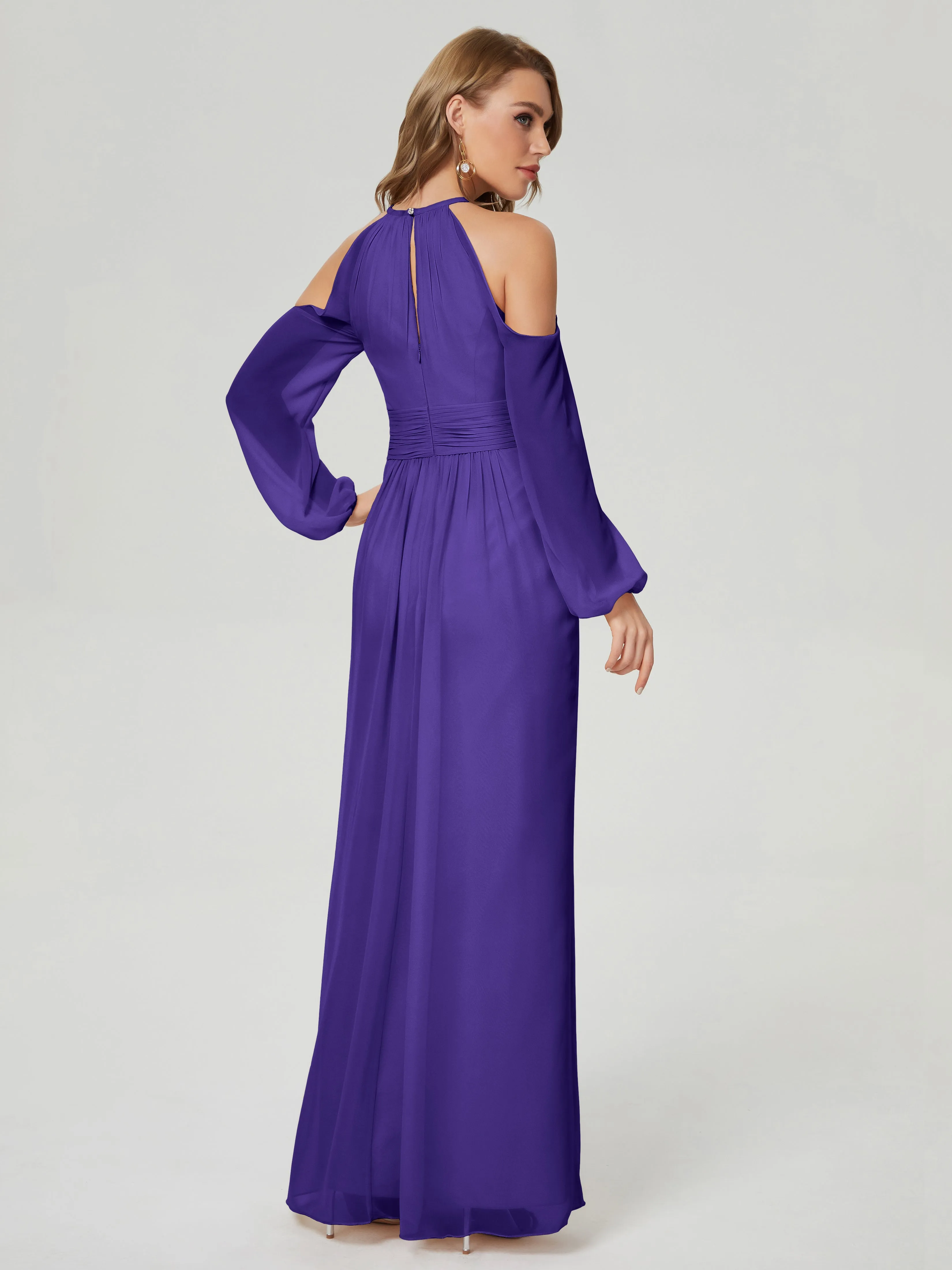 Phoebe Halter Long Sleeves Chiffon Bridesmaid Dresses