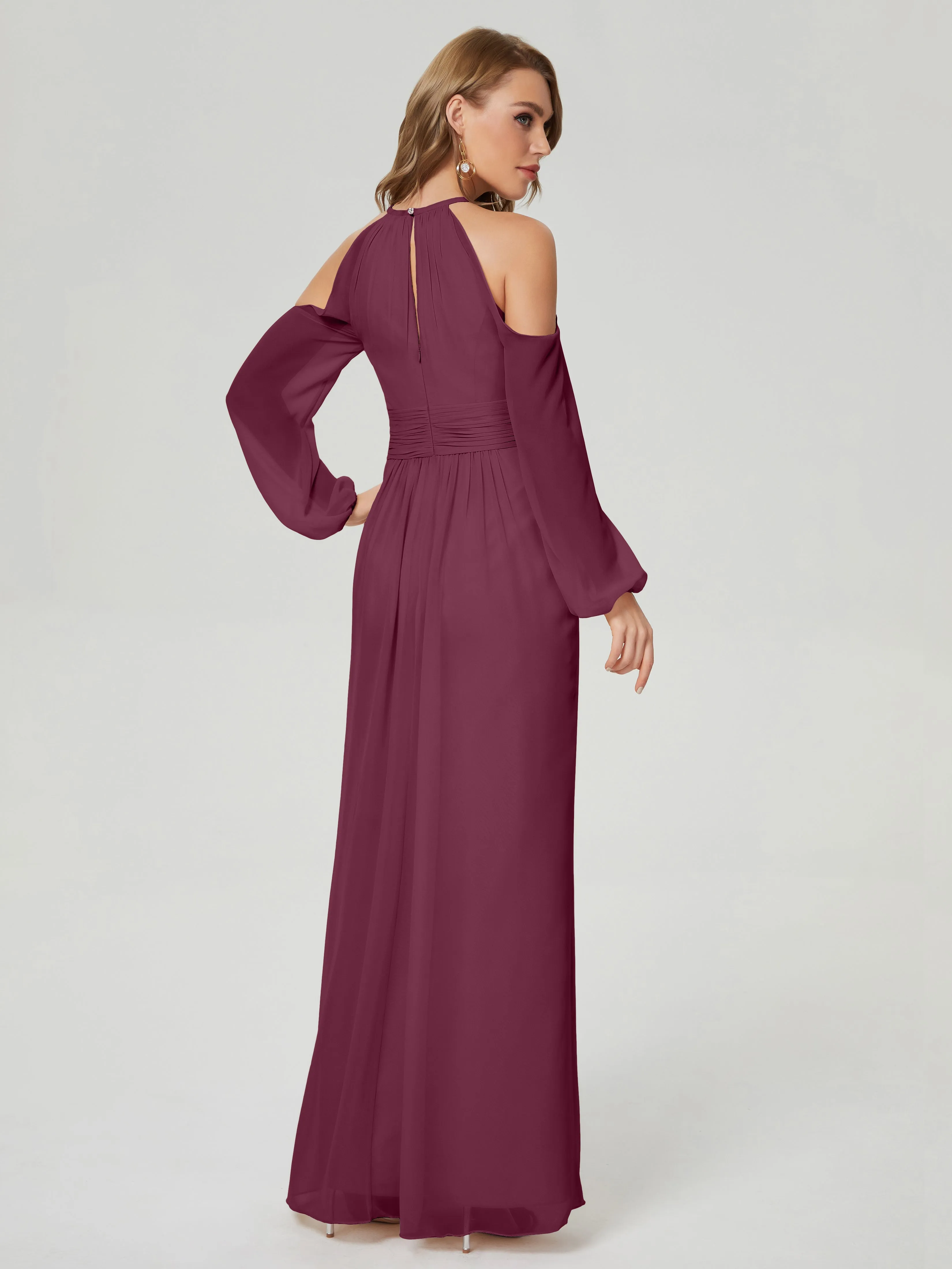 Phoebe Halter Long Sleeves Chiffon Bridesmaid Dresses