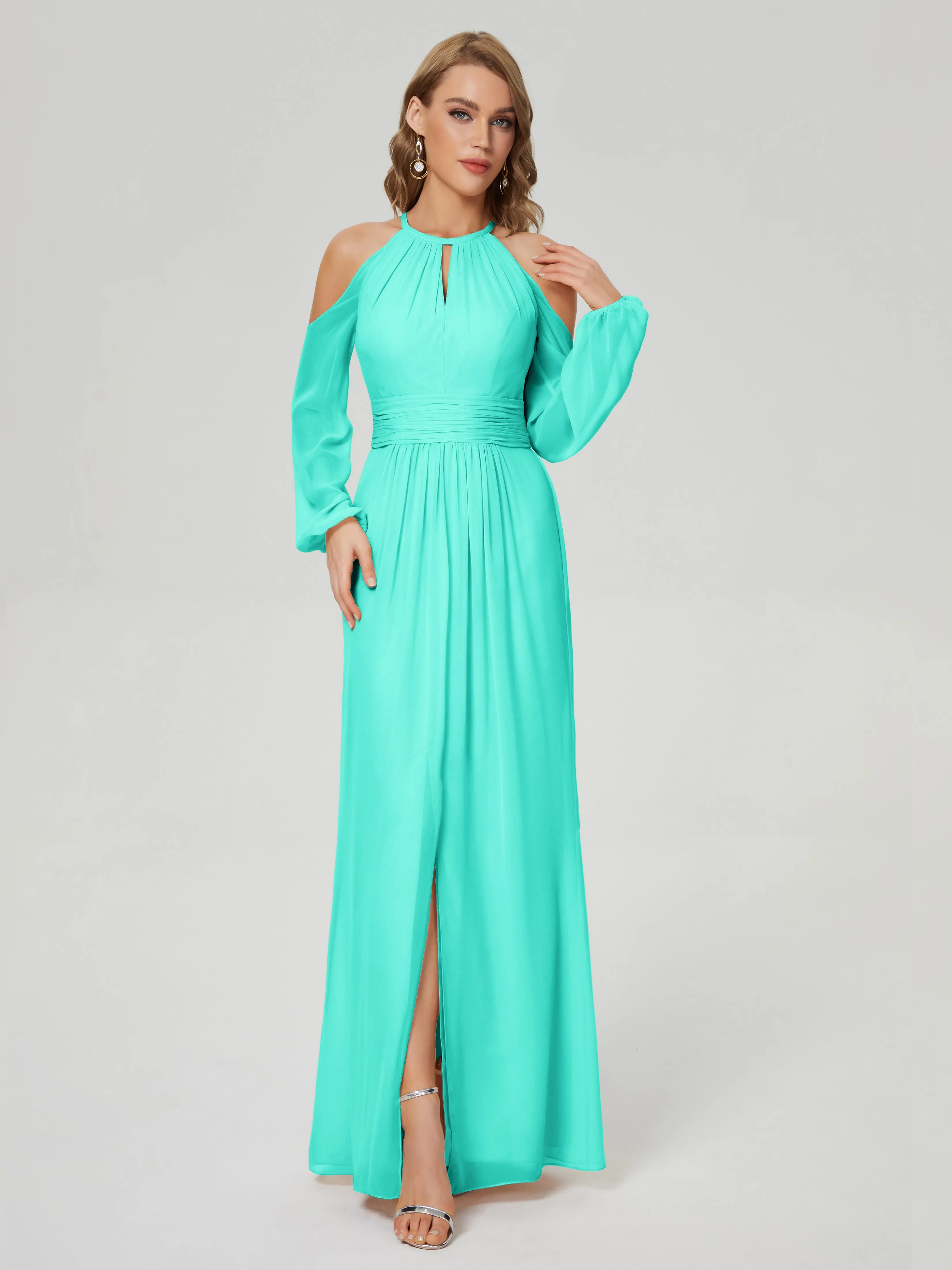 Phoebe Halter Long Sleeves Chiffon Bridesmaid Dresses