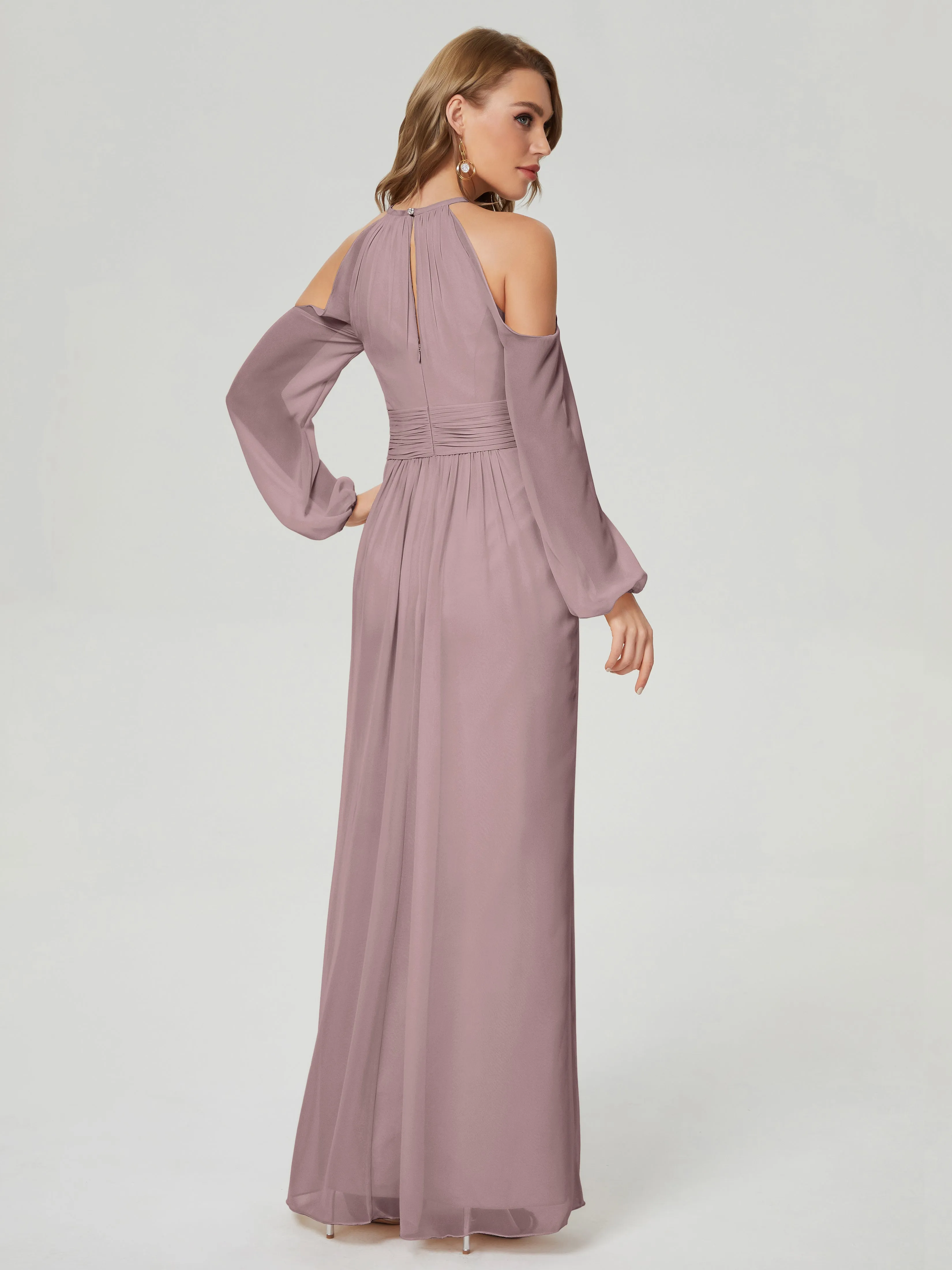 Phoebe Halter Long Sleeves Chiffon Bridesmaid Dresses
