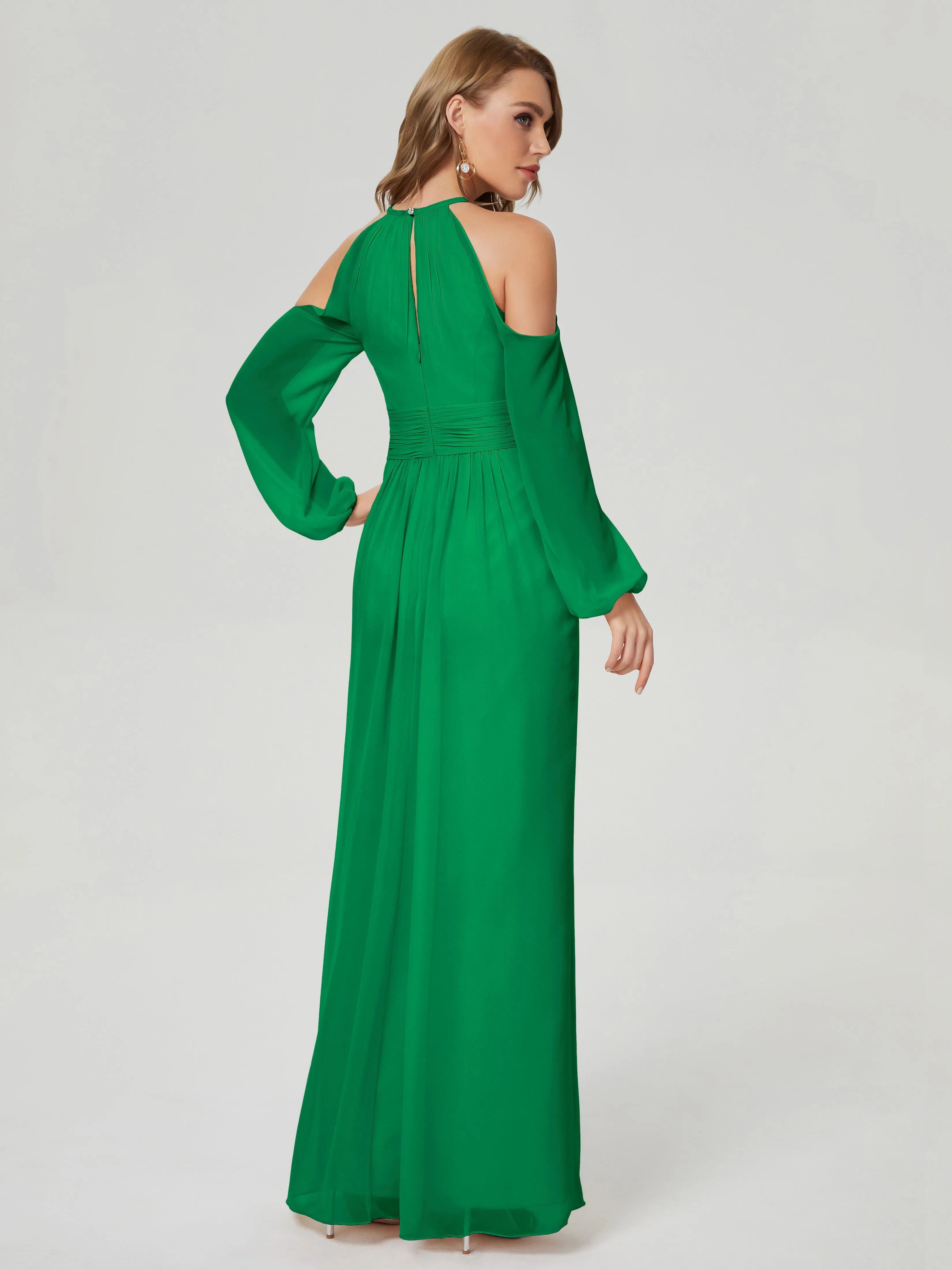 Phoebe Halter Long Sleeves Chiffon Bridesmaid Dresses