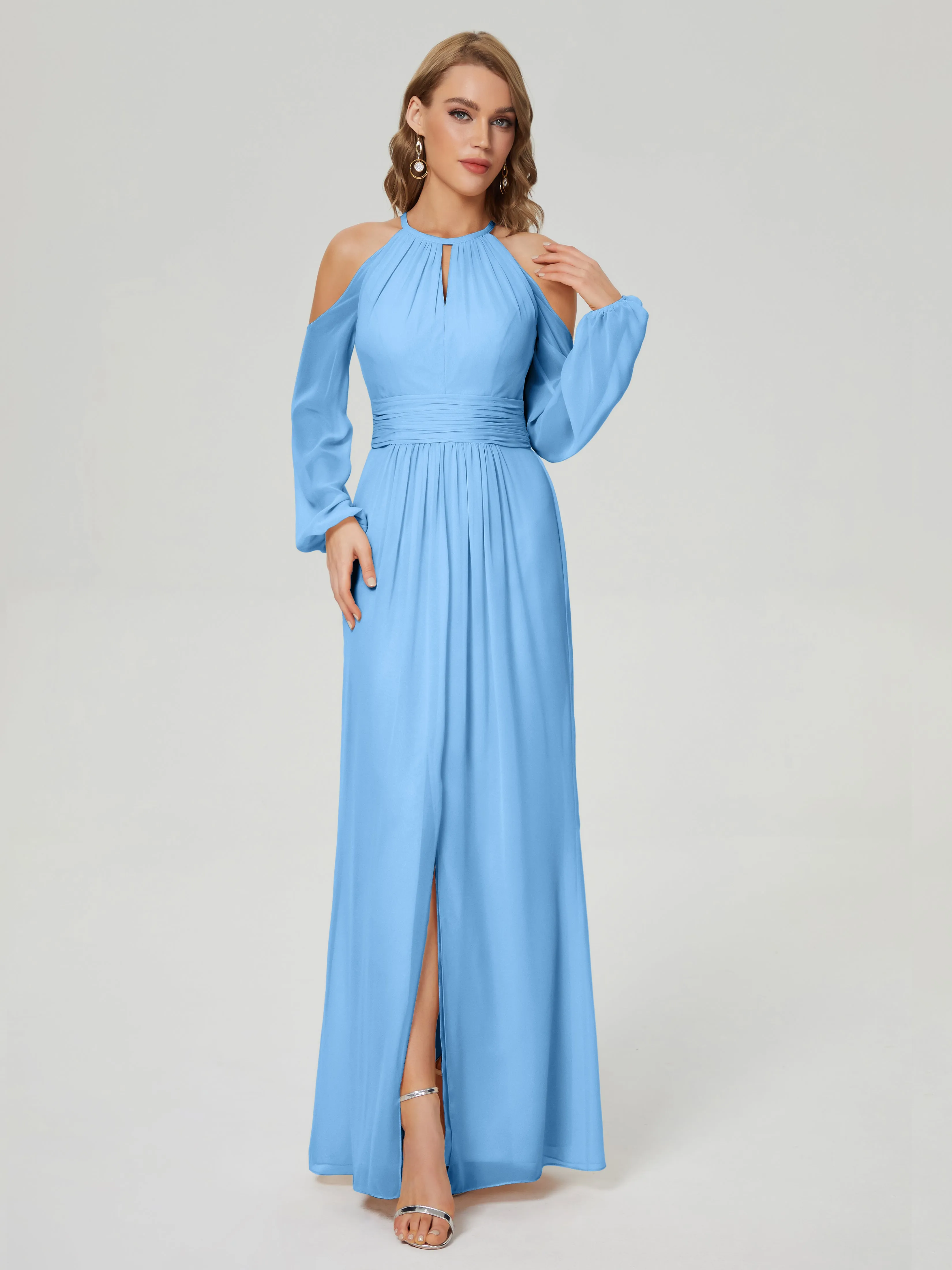 Phoebe Halter Long Sleeves Chiffon Bridesmaid Dresses