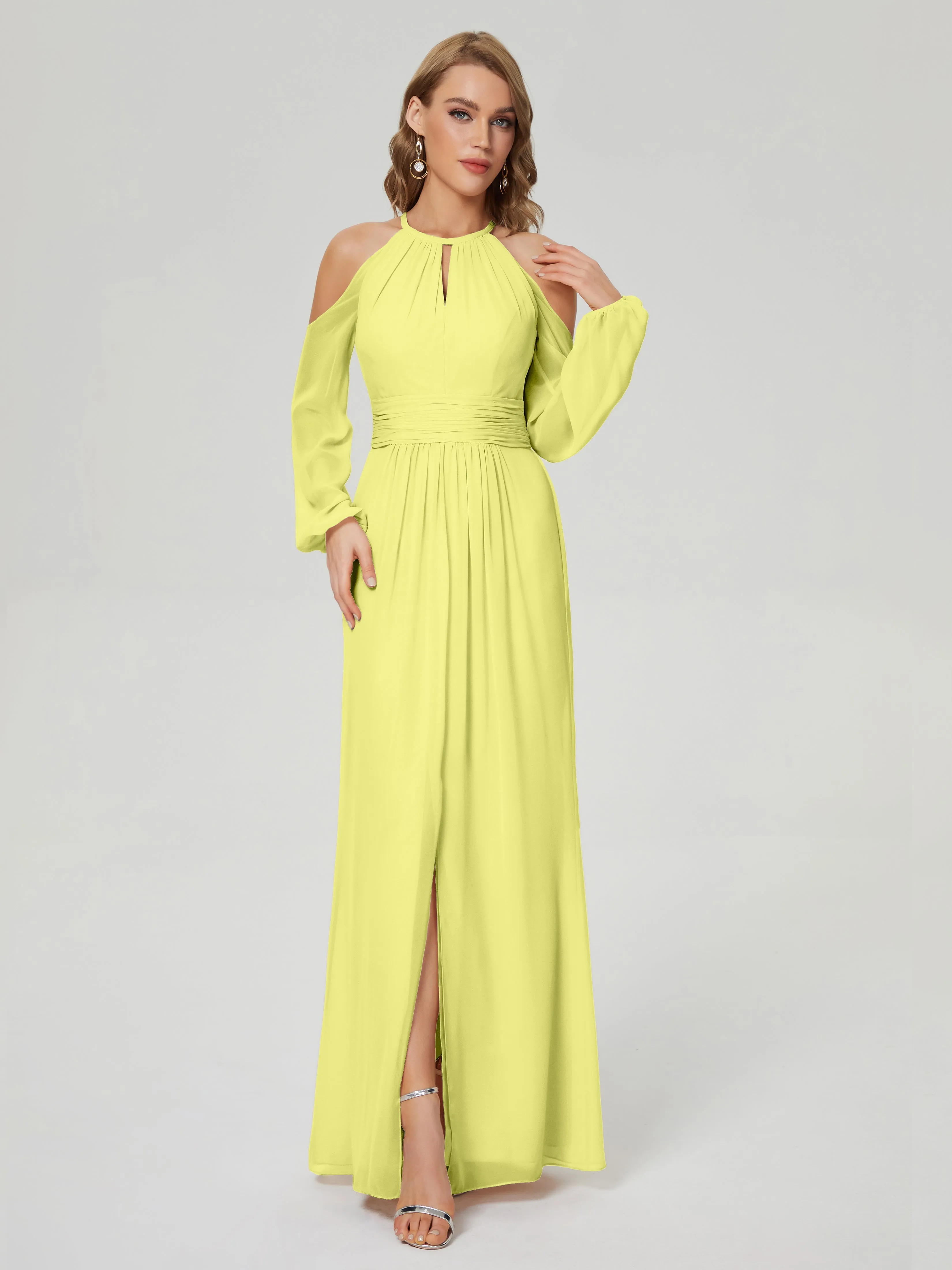 Phoebe Halter Long Sleeves Chiffon Bridesmaid Dresses