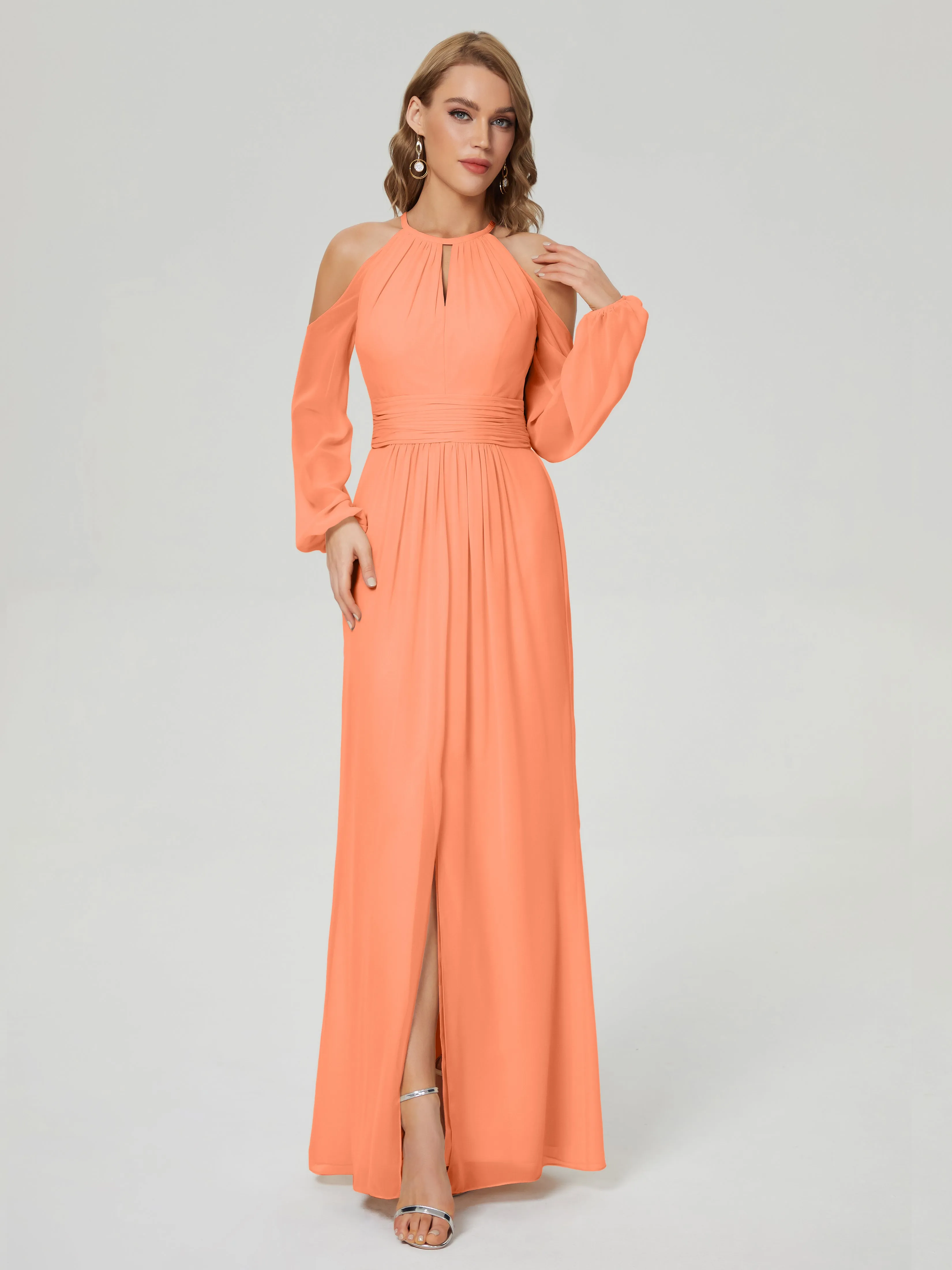 Phoebe Halter Long Sleeves Chiffon Bridesmaid Dresses