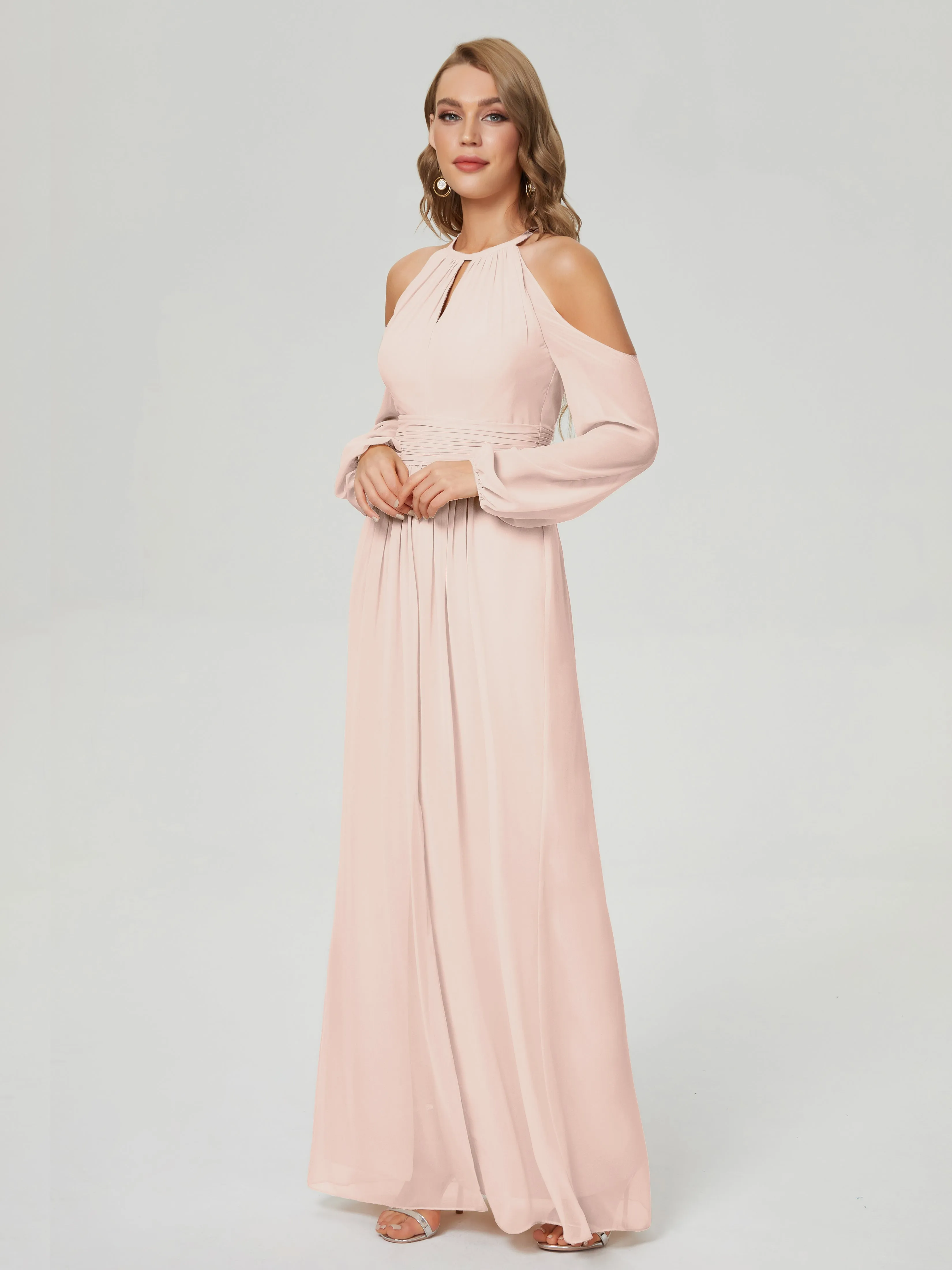 Phoebe Halter Long Sleeves Chiffon Bridesmaid Dresses