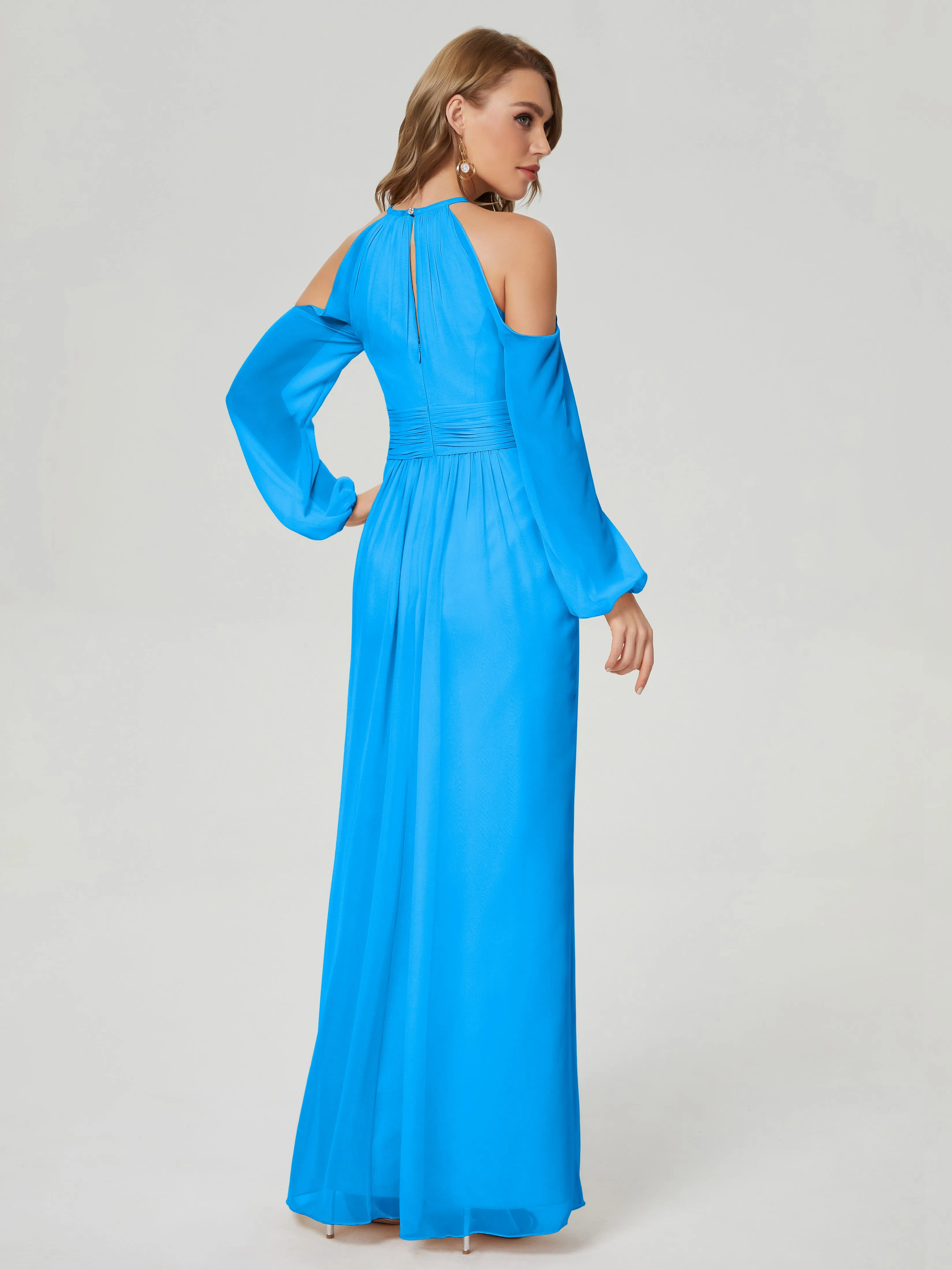 Phoebe Halter Long Sleeves Chiffon Bridesmaid Dresses