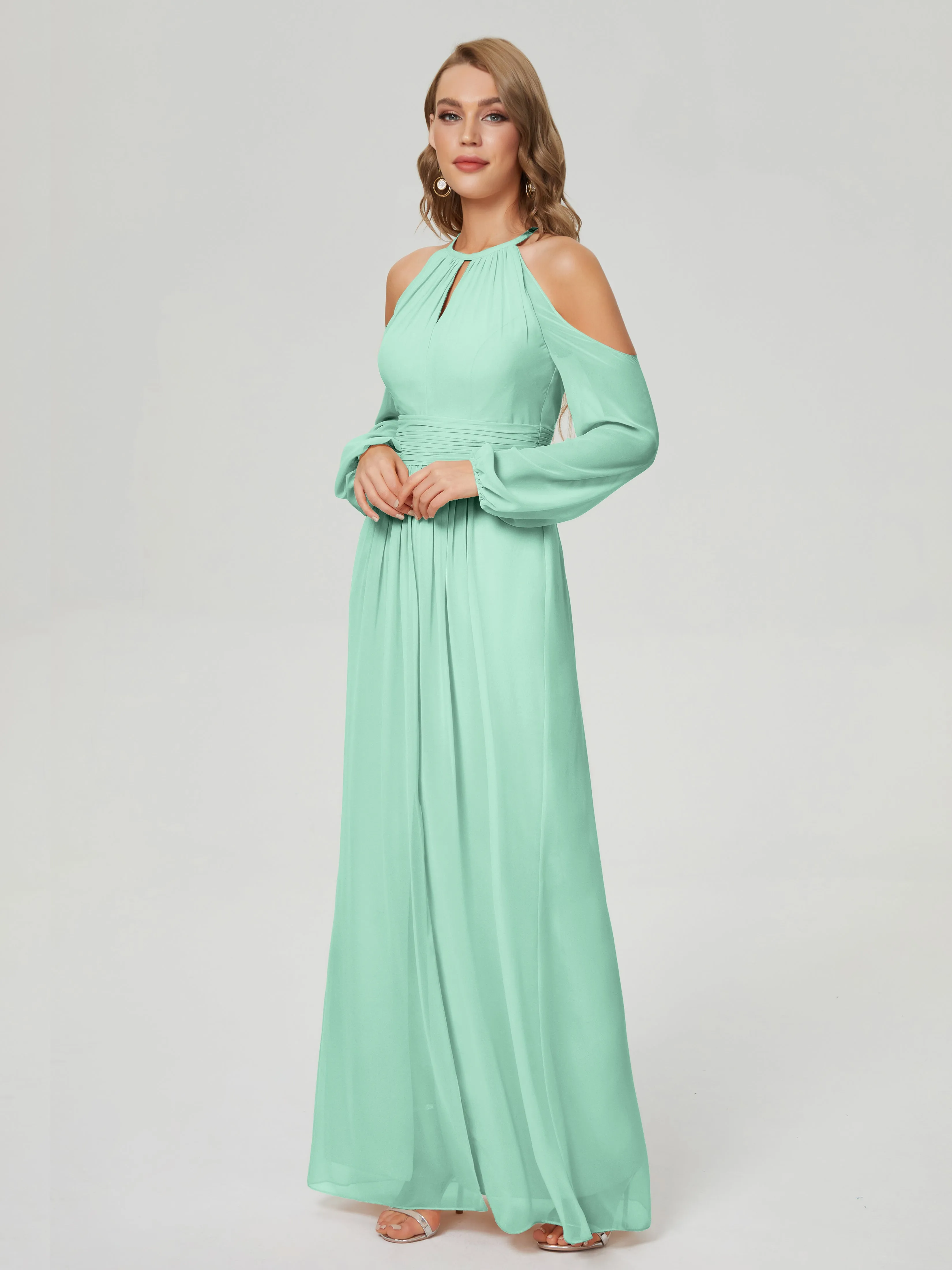 Phoebe Halter Long Sleeves Chiffon Bridesmaid Dresses