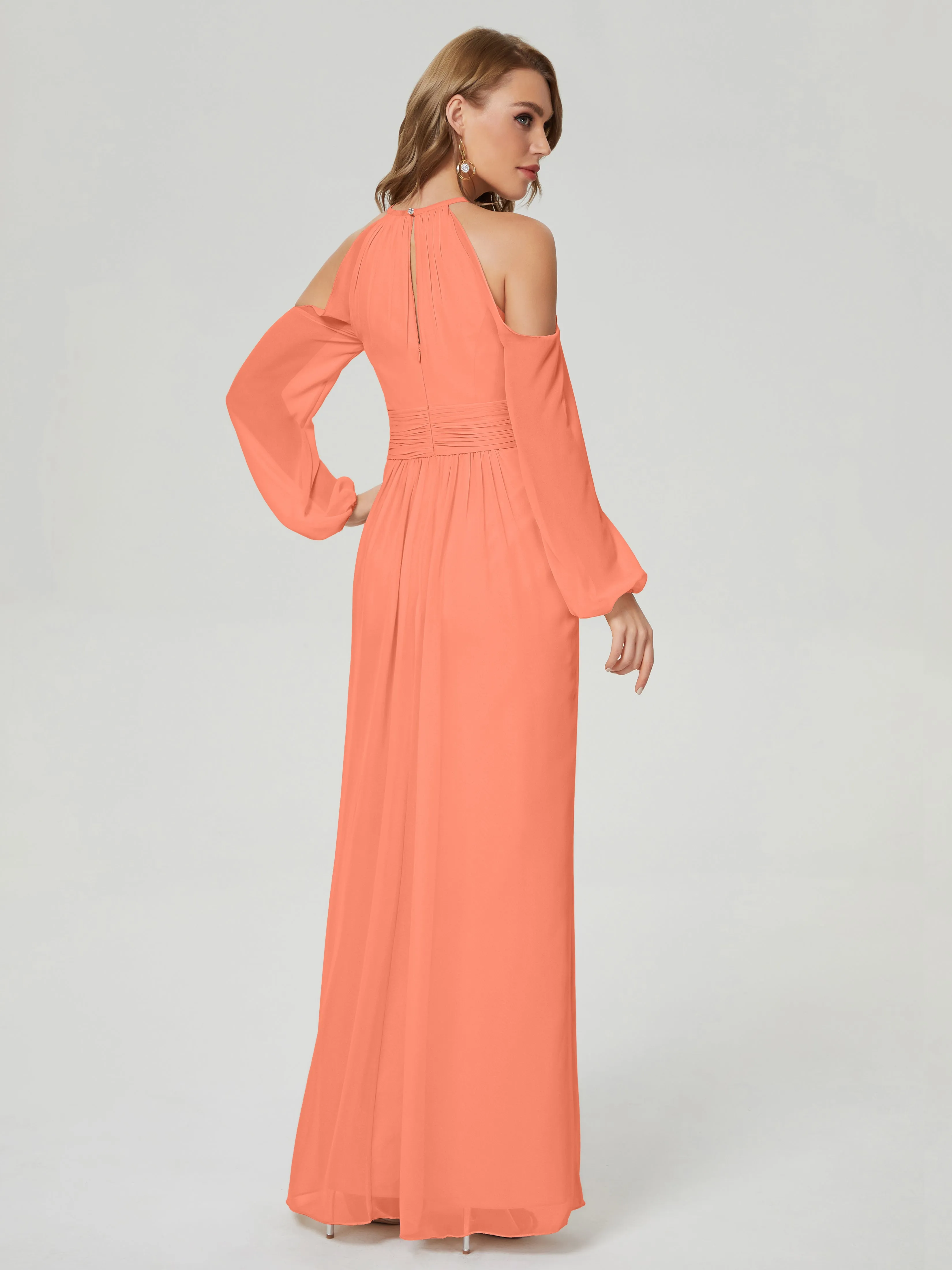 Phoebe Halter Long Sleeves Chiffon Bridesmaid Dresses
