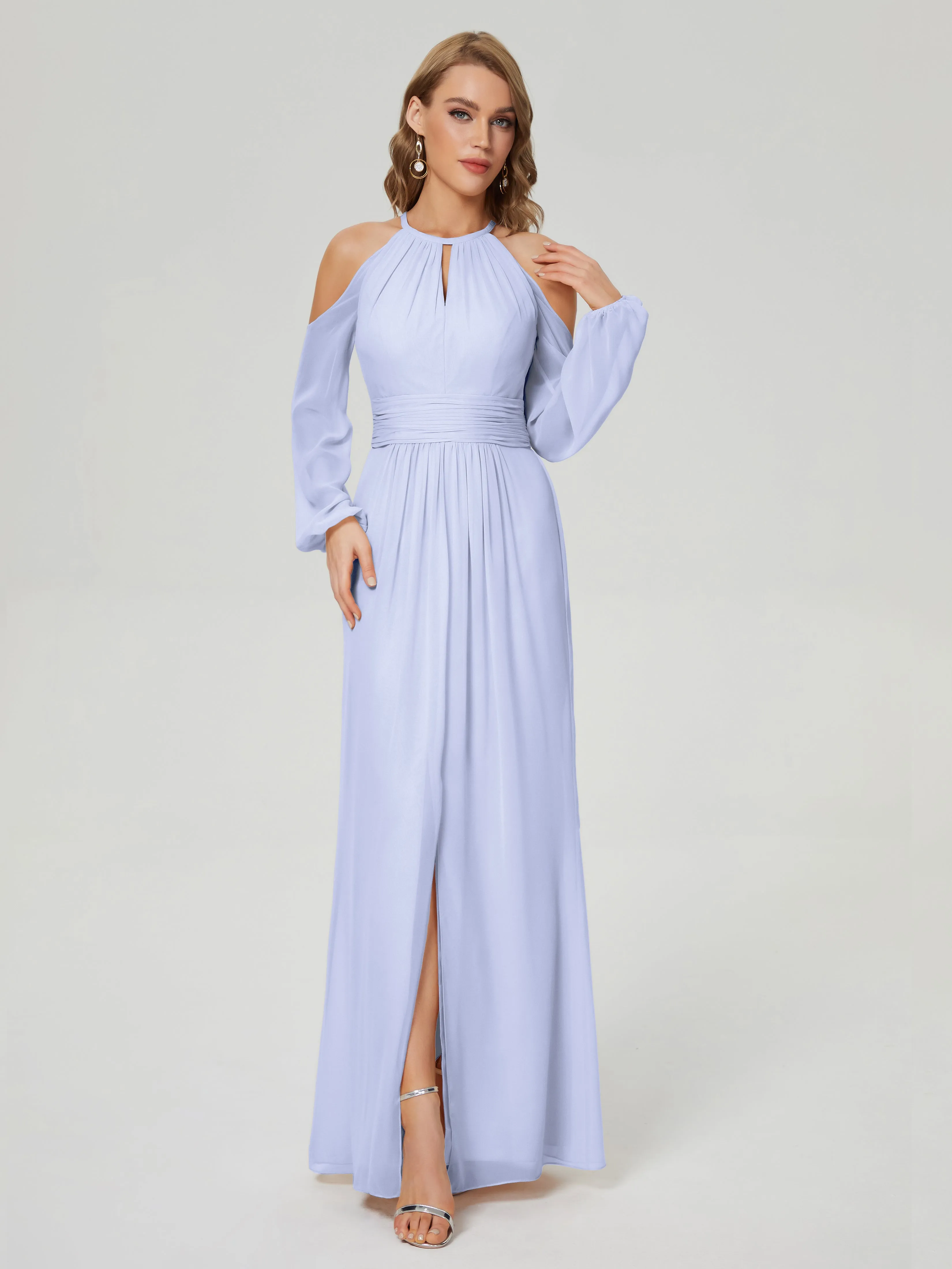 Phoebe Halter Long Sleeves Chiffon Bridesmaid Dresses