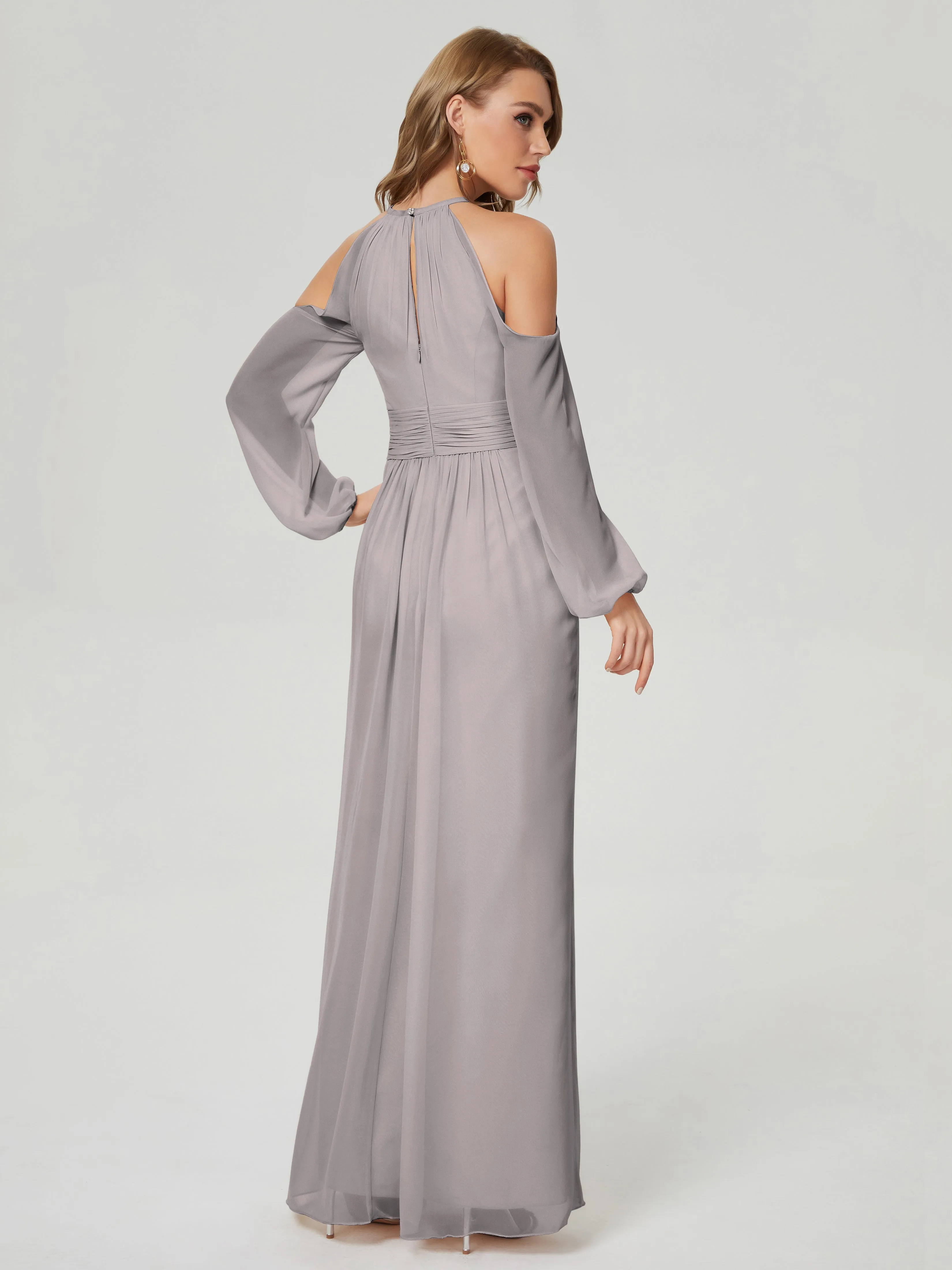 Phoebe Halter Long Sleeves Chiffon Bridesmaid Dresses