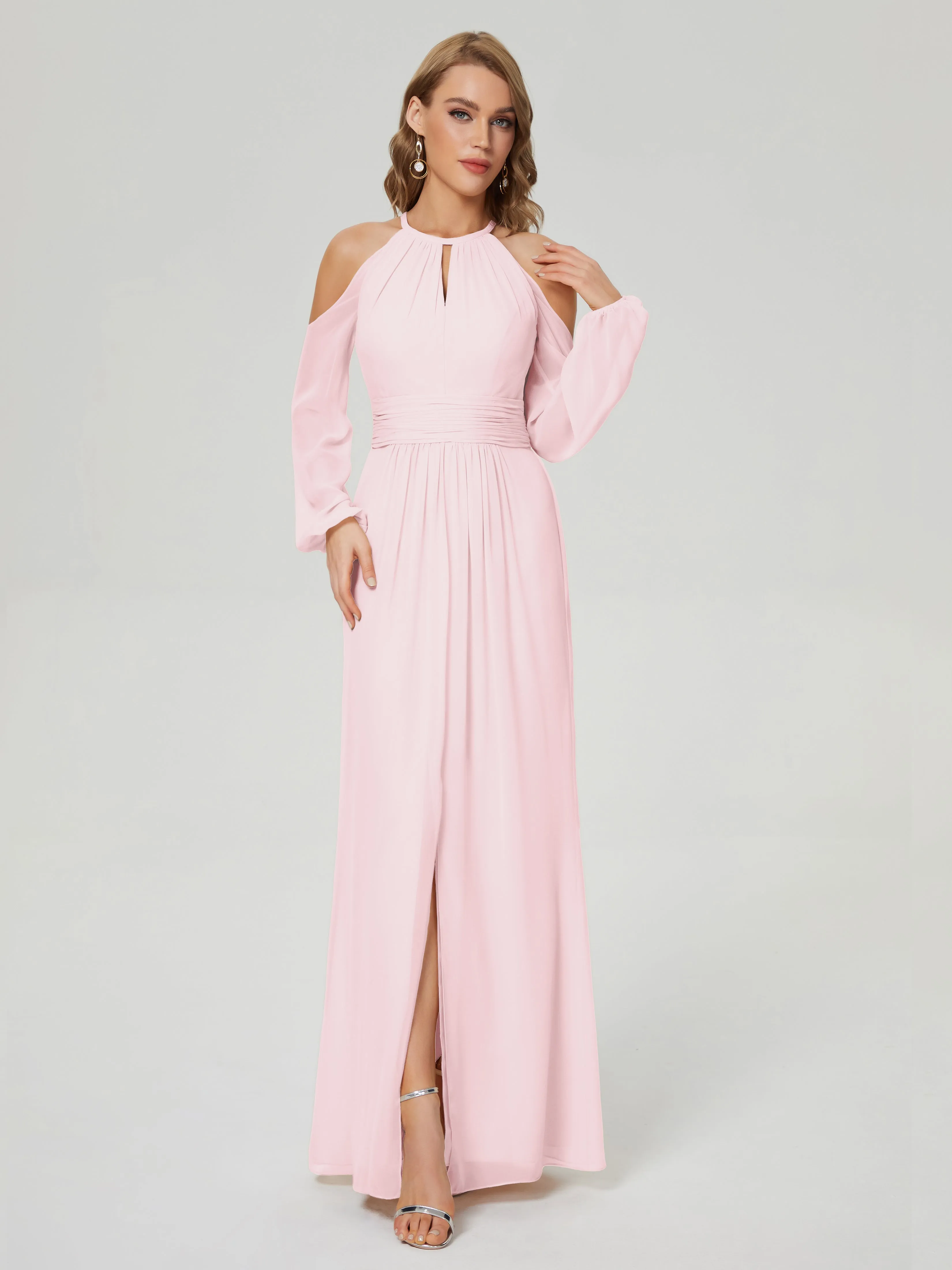 Phoebe Halter Long Sleeves Chiffon Bridesmaid Dresses