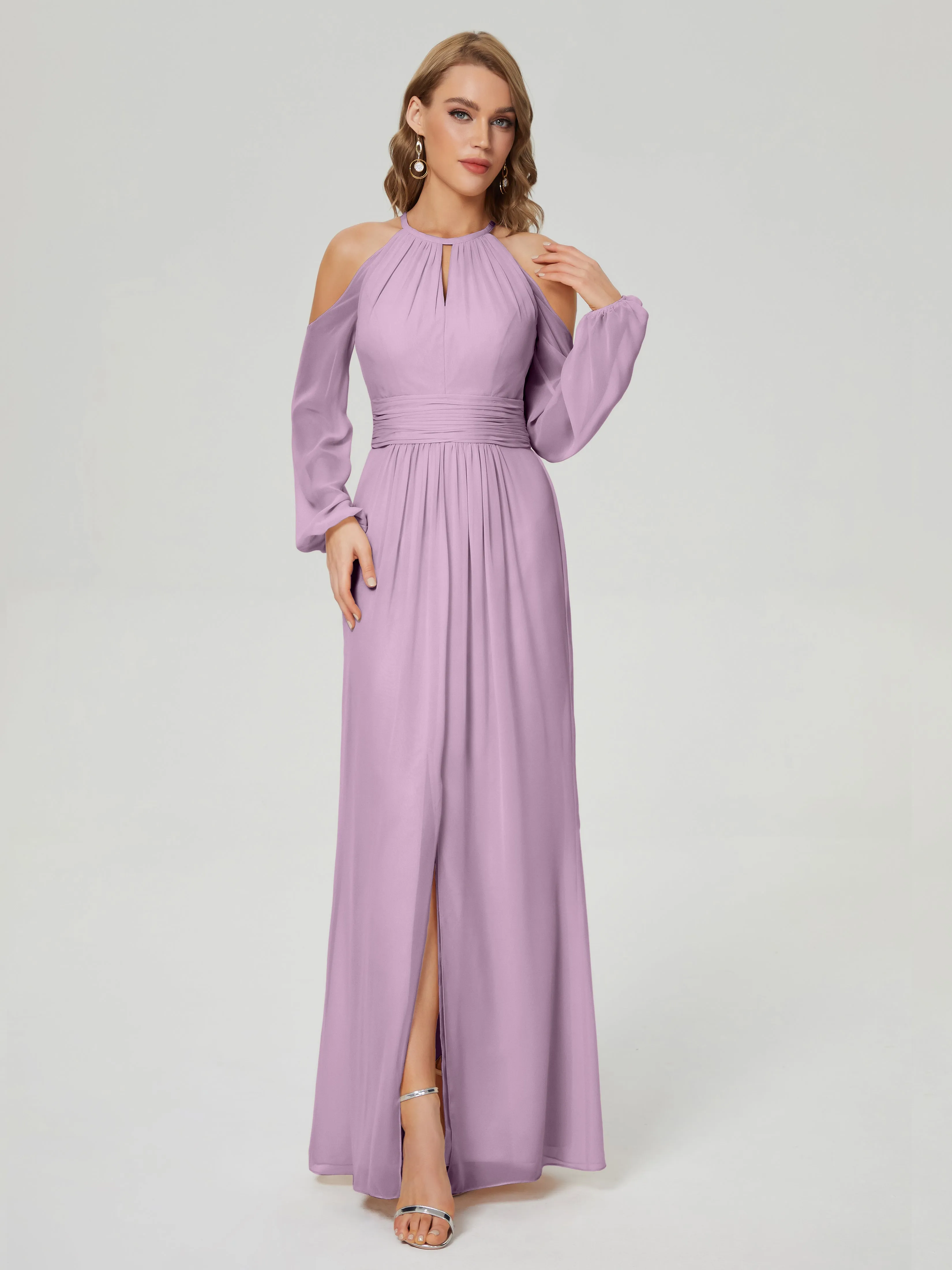 Phoebe Halter Long Sleeves Chiffon Bridesmaid Dresses