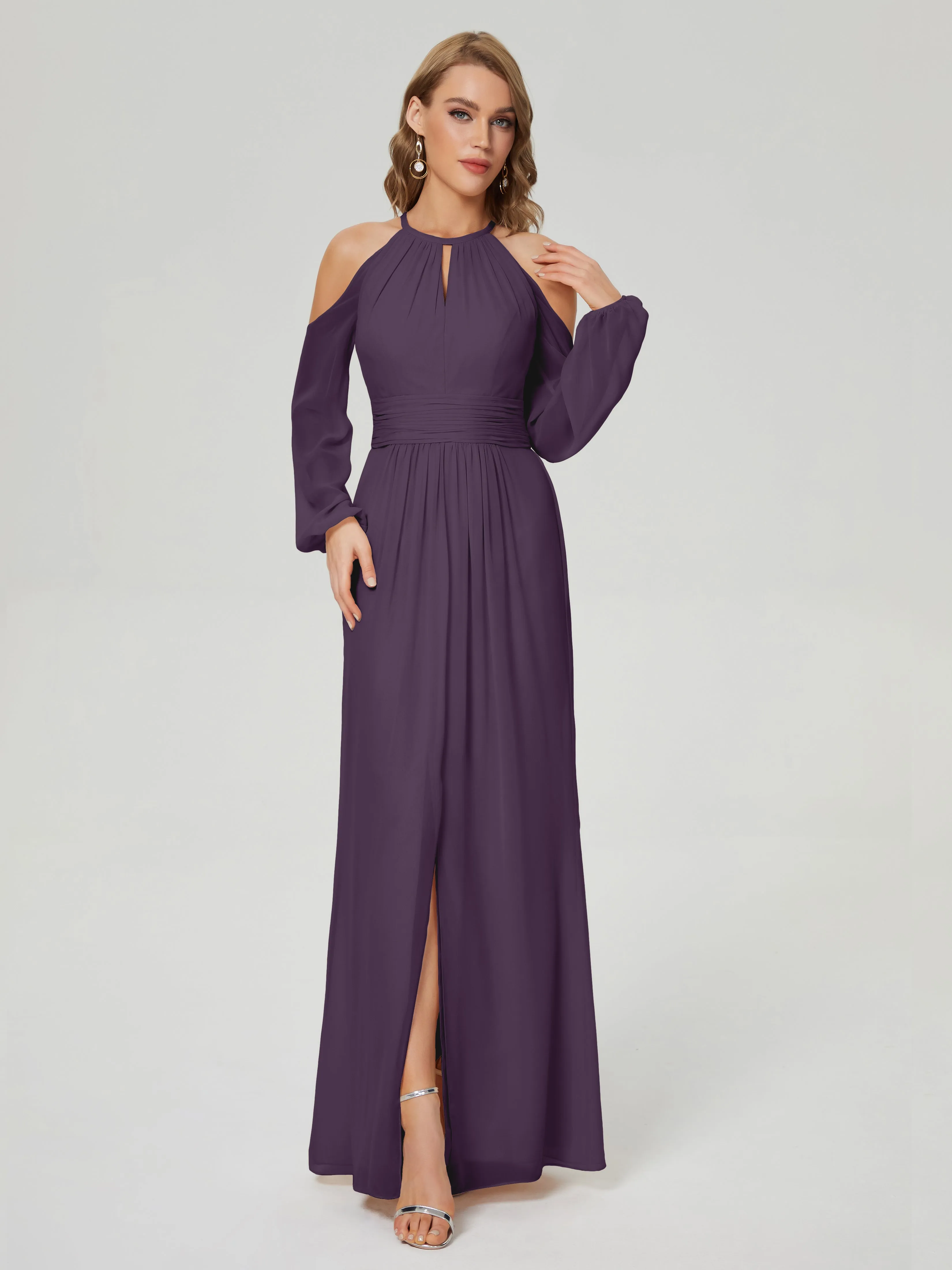 Phoebe Halter Long Sleeves Chiffon Bridesmaid Dresses
