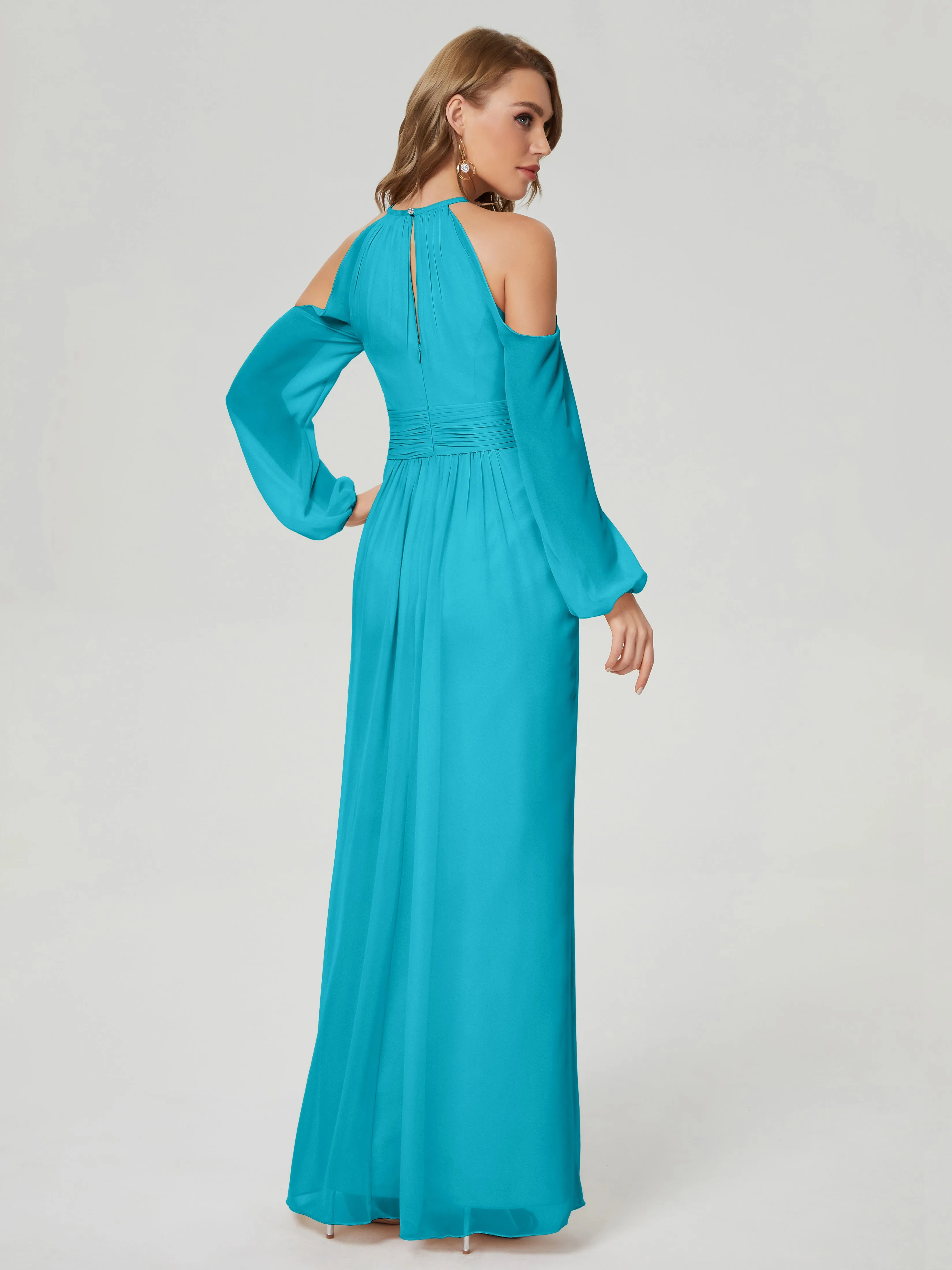 Phoebe Halter Long Sleeves Chiffon Bridesmaid Dresses