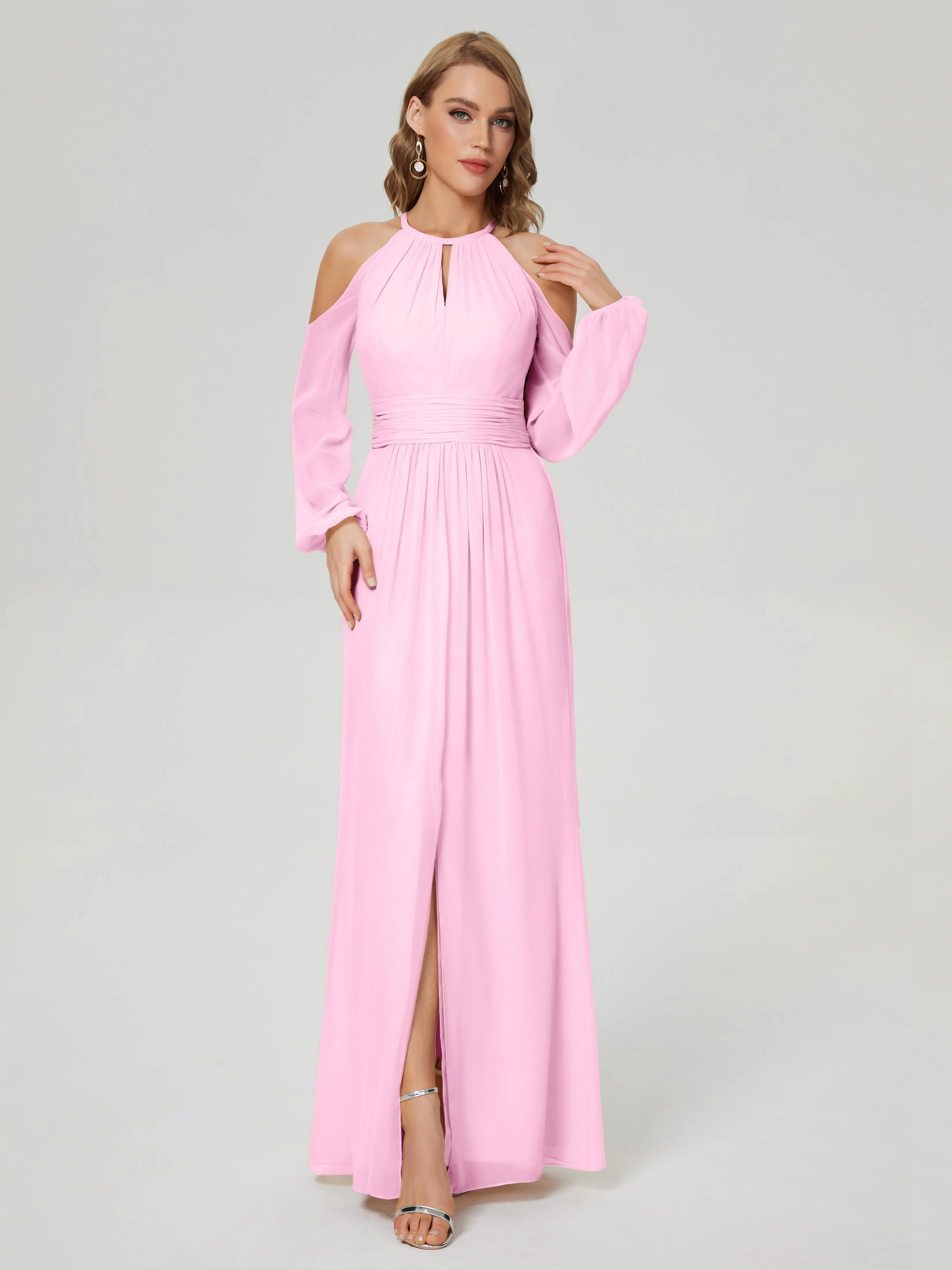 Phoebe Halter Long Sleeves Chiffon Bridesmaid Dresses