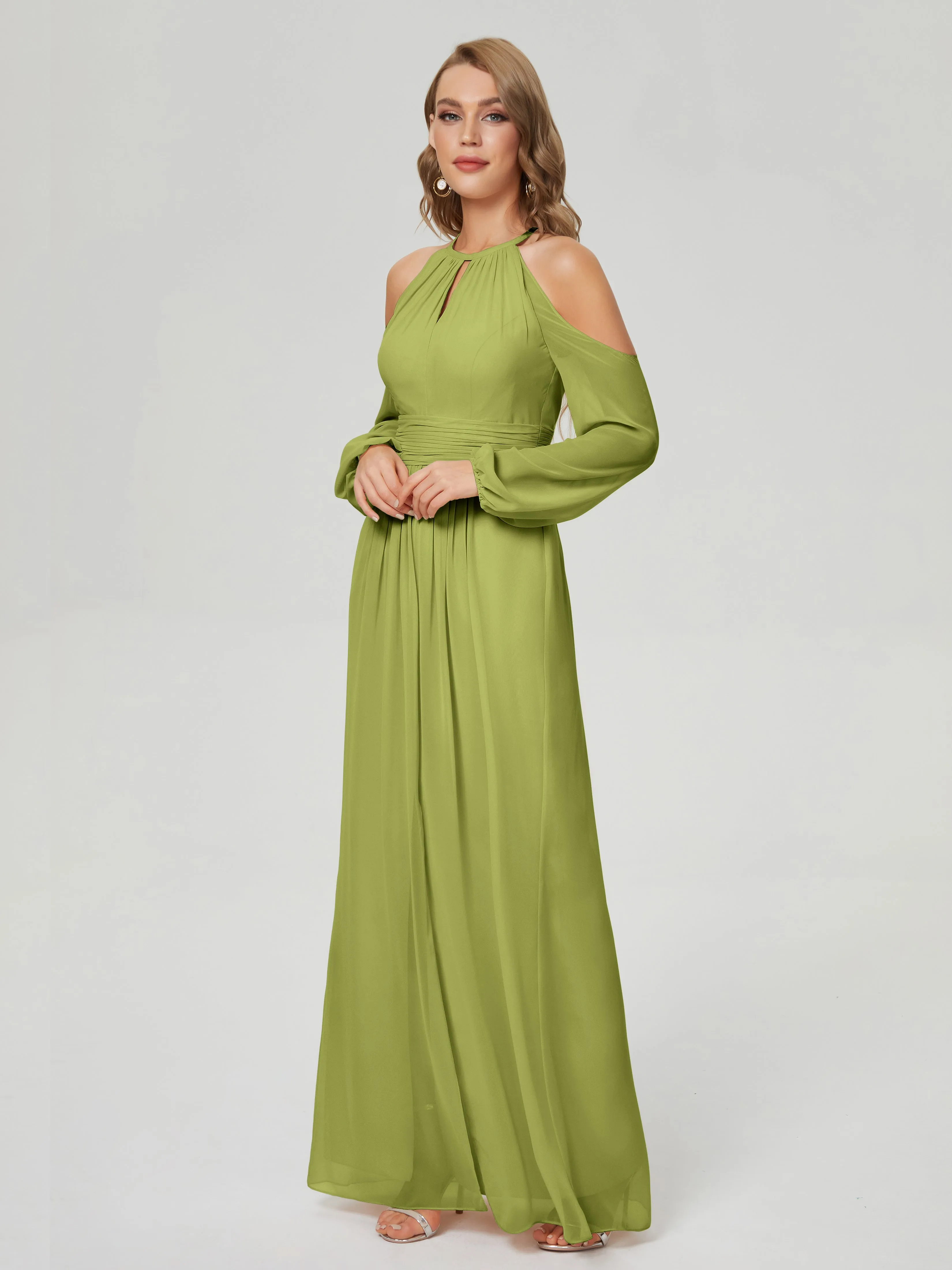Phoebe Halter Long Sleeves Chiffon Bridesmaid Dresses