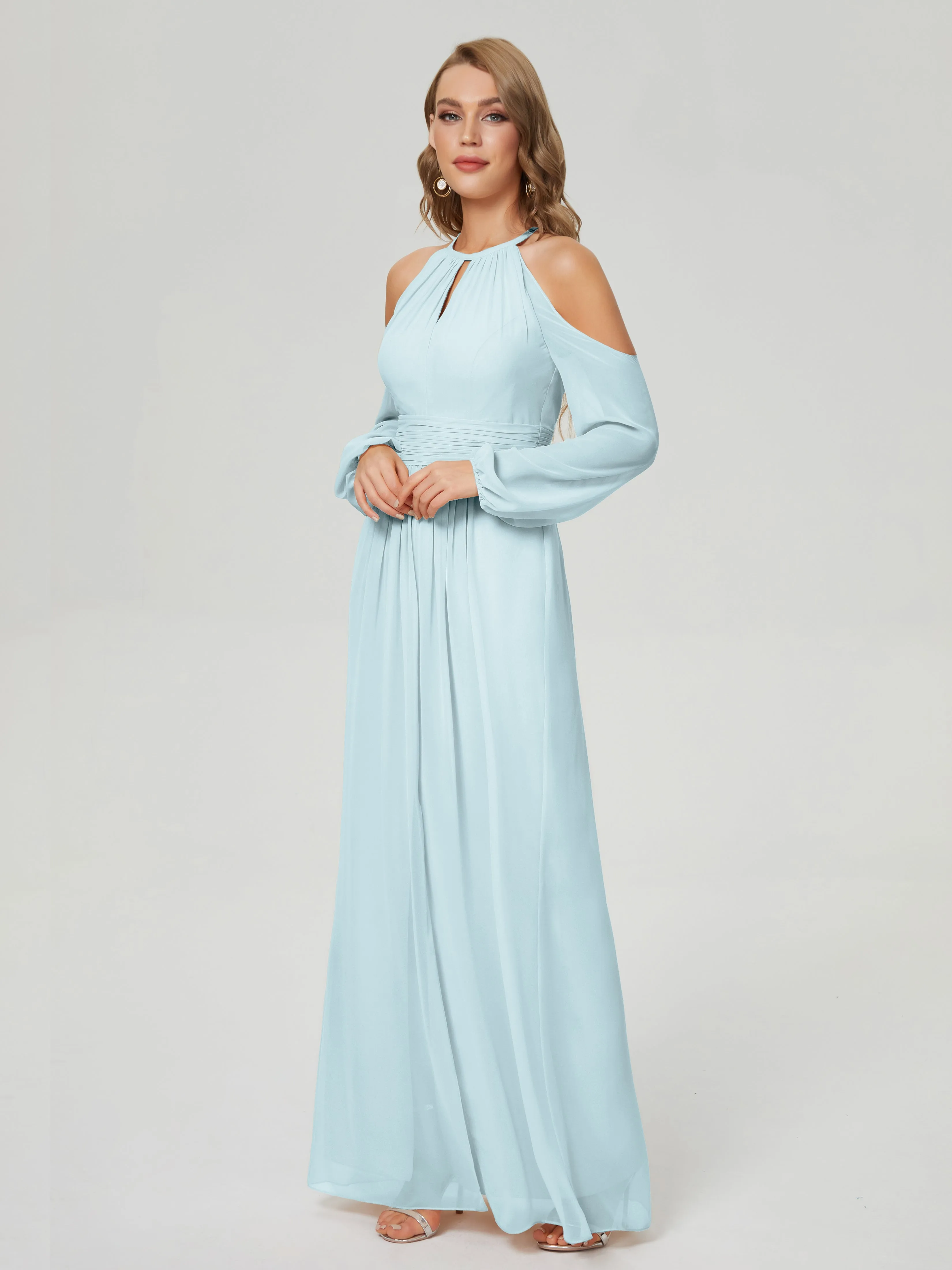 Phoebe Halter Long Sleeves Chiffon Bridesmaid Dresses