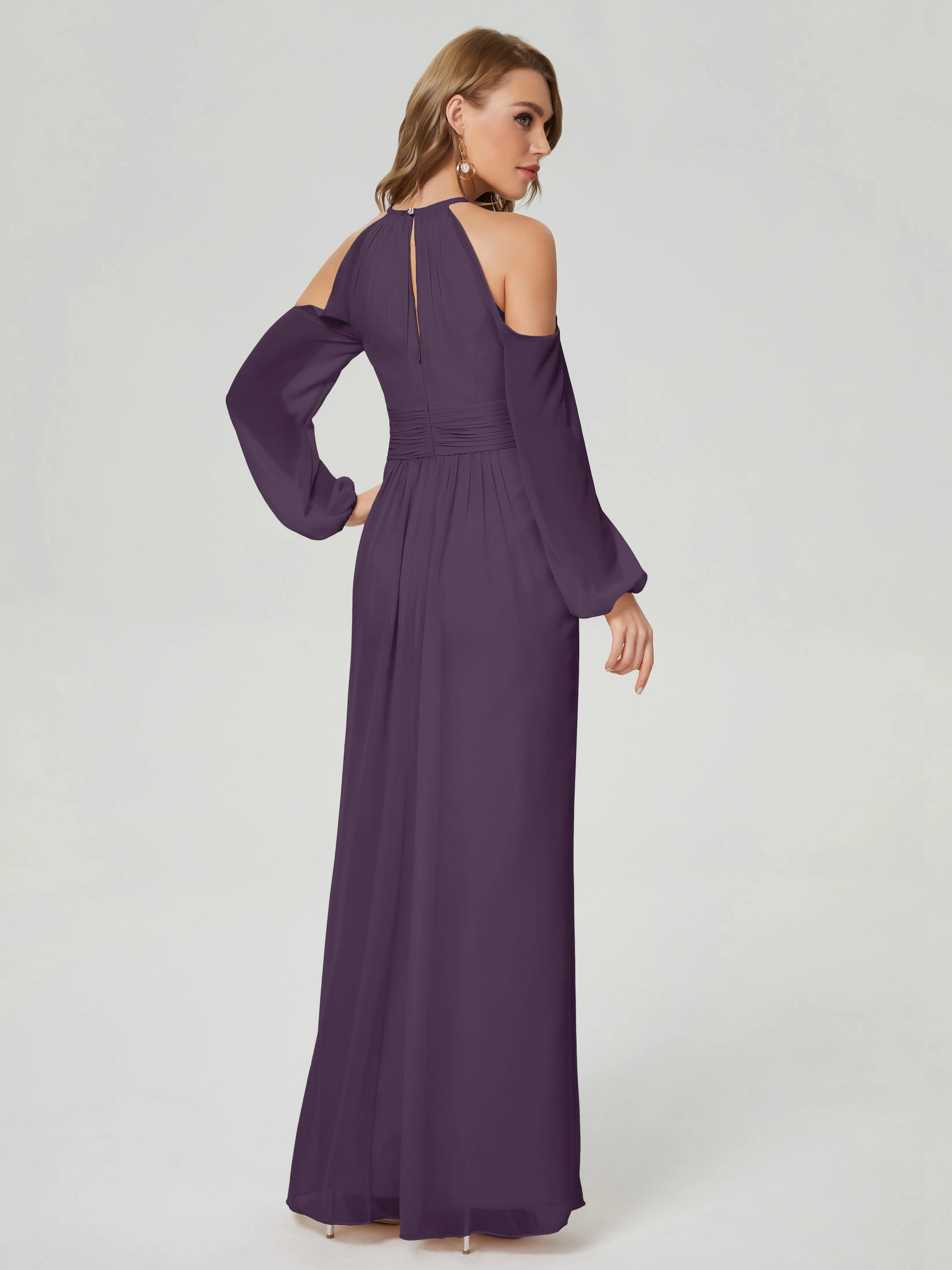 Phoebe Halter Long Sleeves Chiffon Bridesmaid Dresses