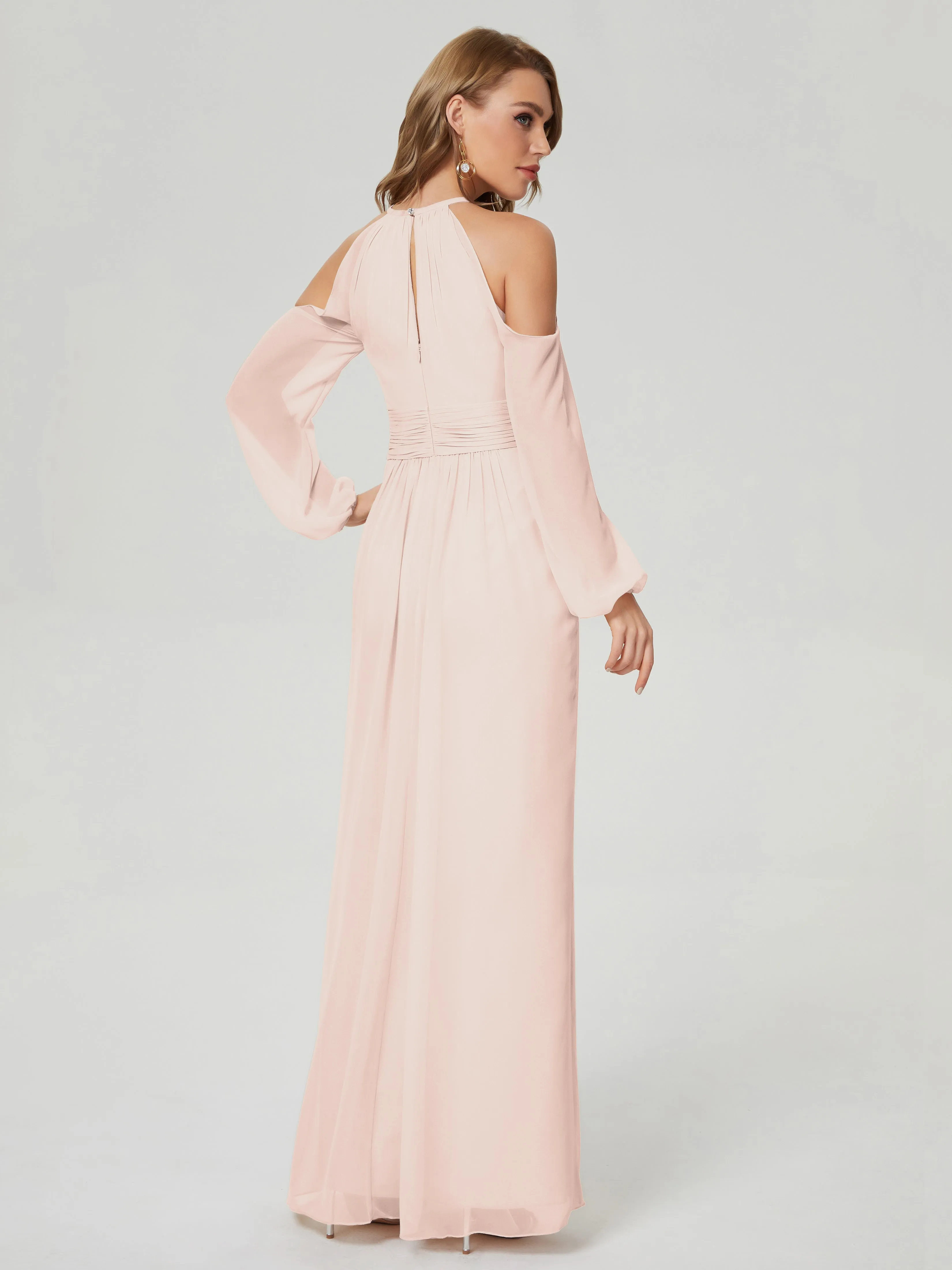 Phoebe Halter Long Sleeves Chiffon Bridesmaid Dresses