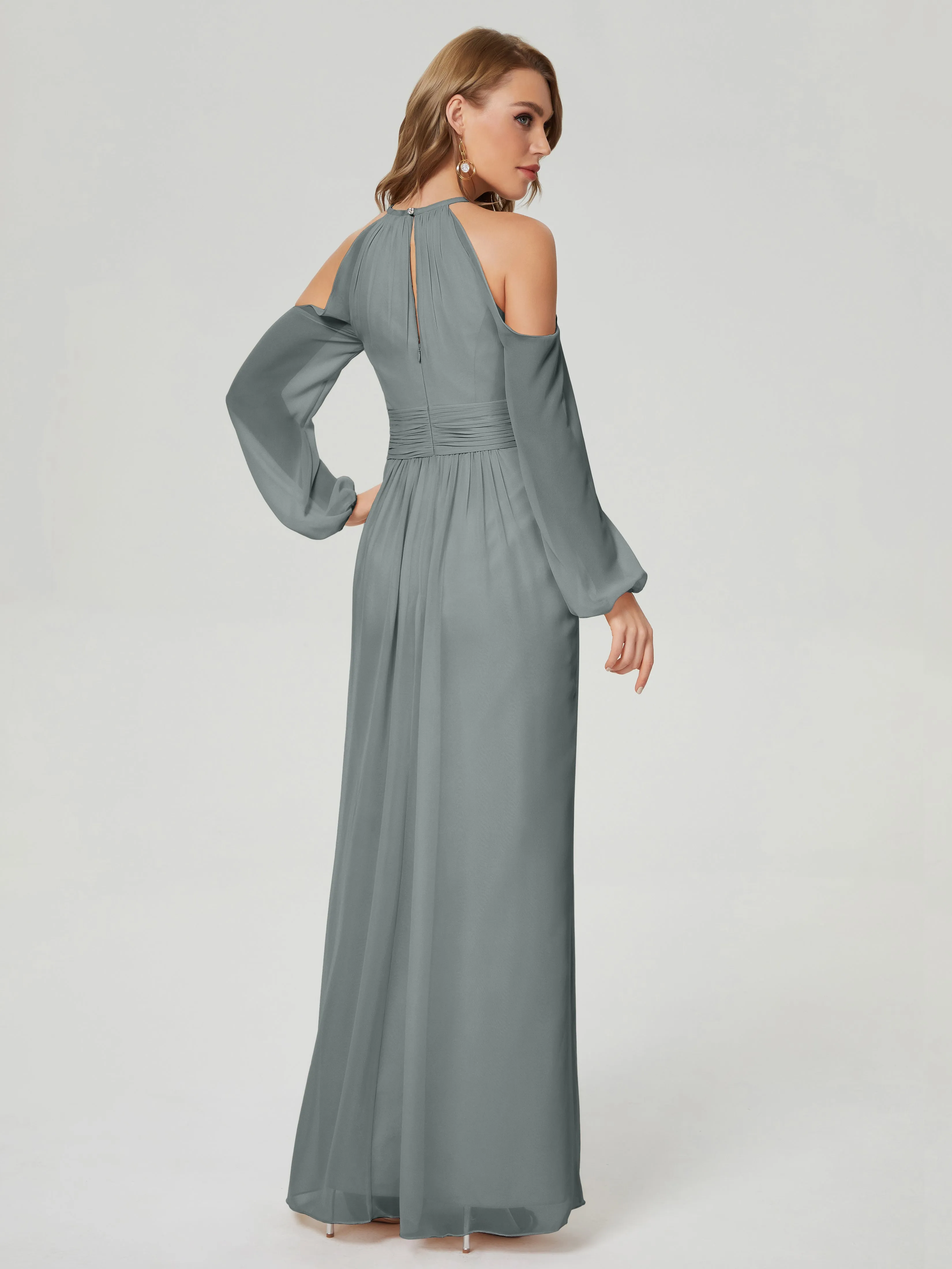 Phoebe Halter Long Sleeves Chiffon Bridesmaid Dresses
