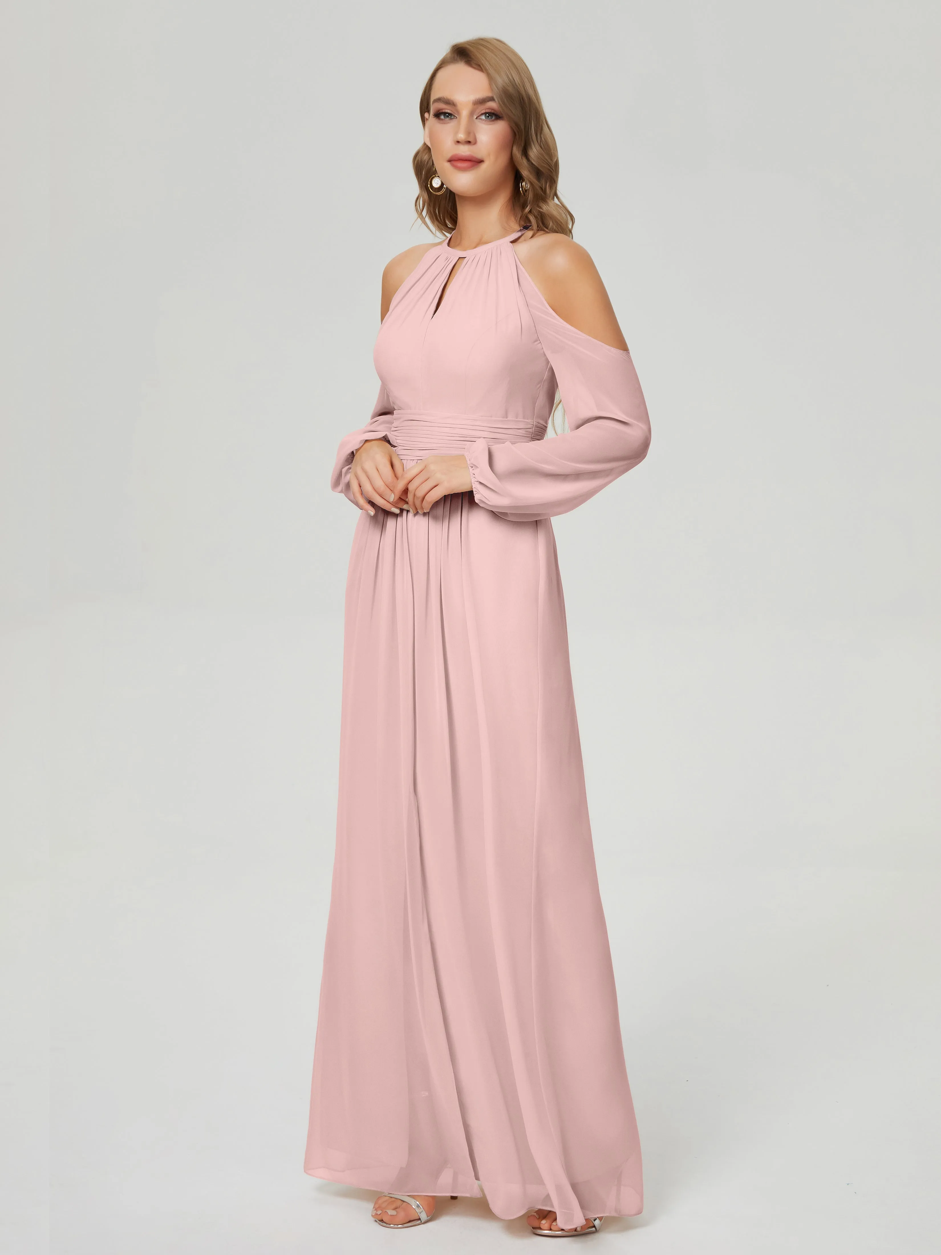 Phoebe Halter Long Sleeves Chiffon Bridesmaid Dresses