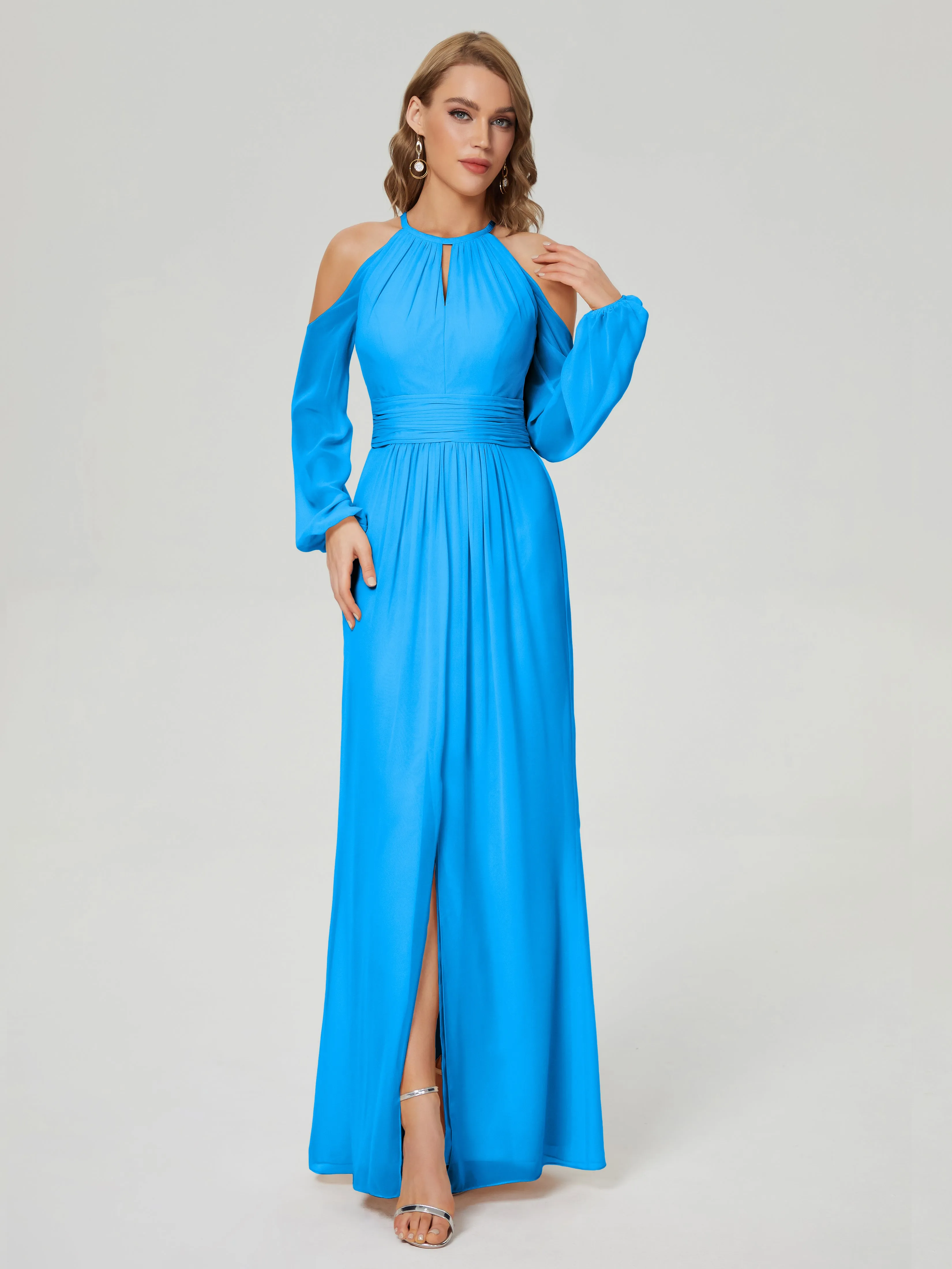 Phoebe Halter Long Sleeves Chiffon Bridesmaid Dresses