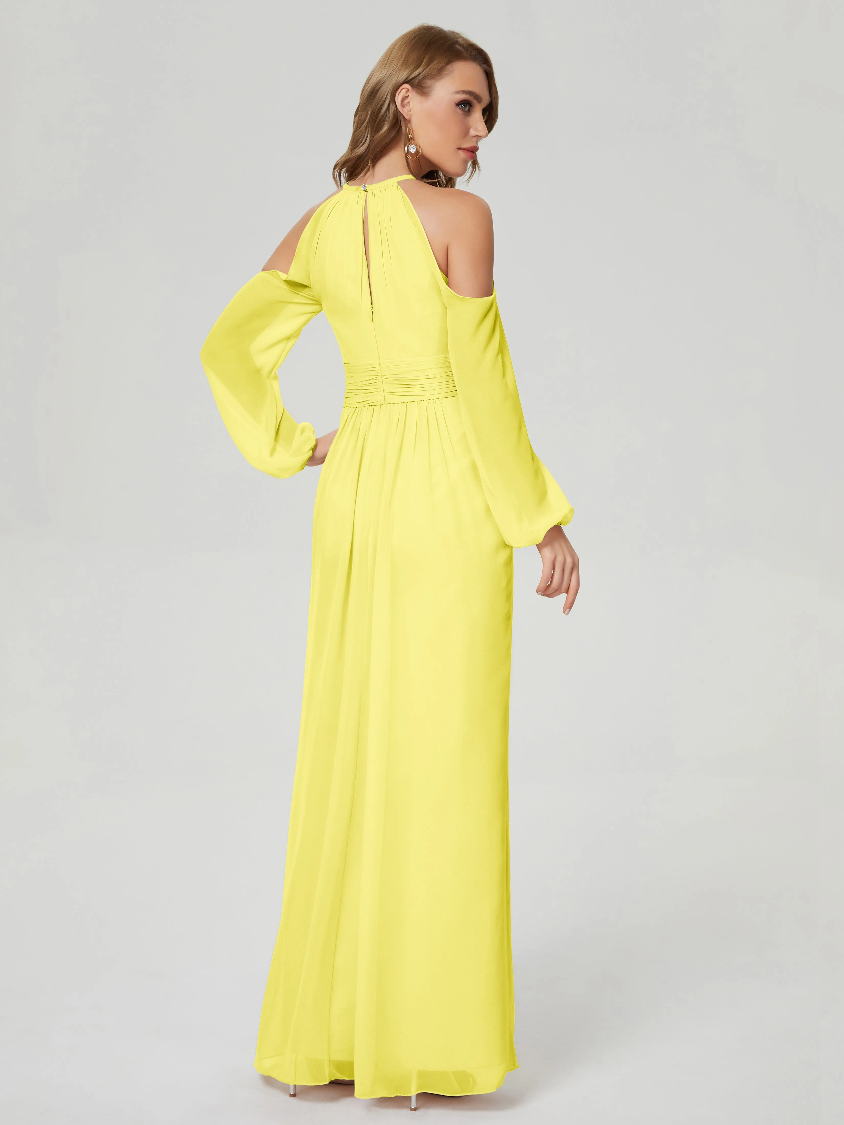 Phoebe Halter Long Sleeves Chiffon Bridesmaid Dresses
