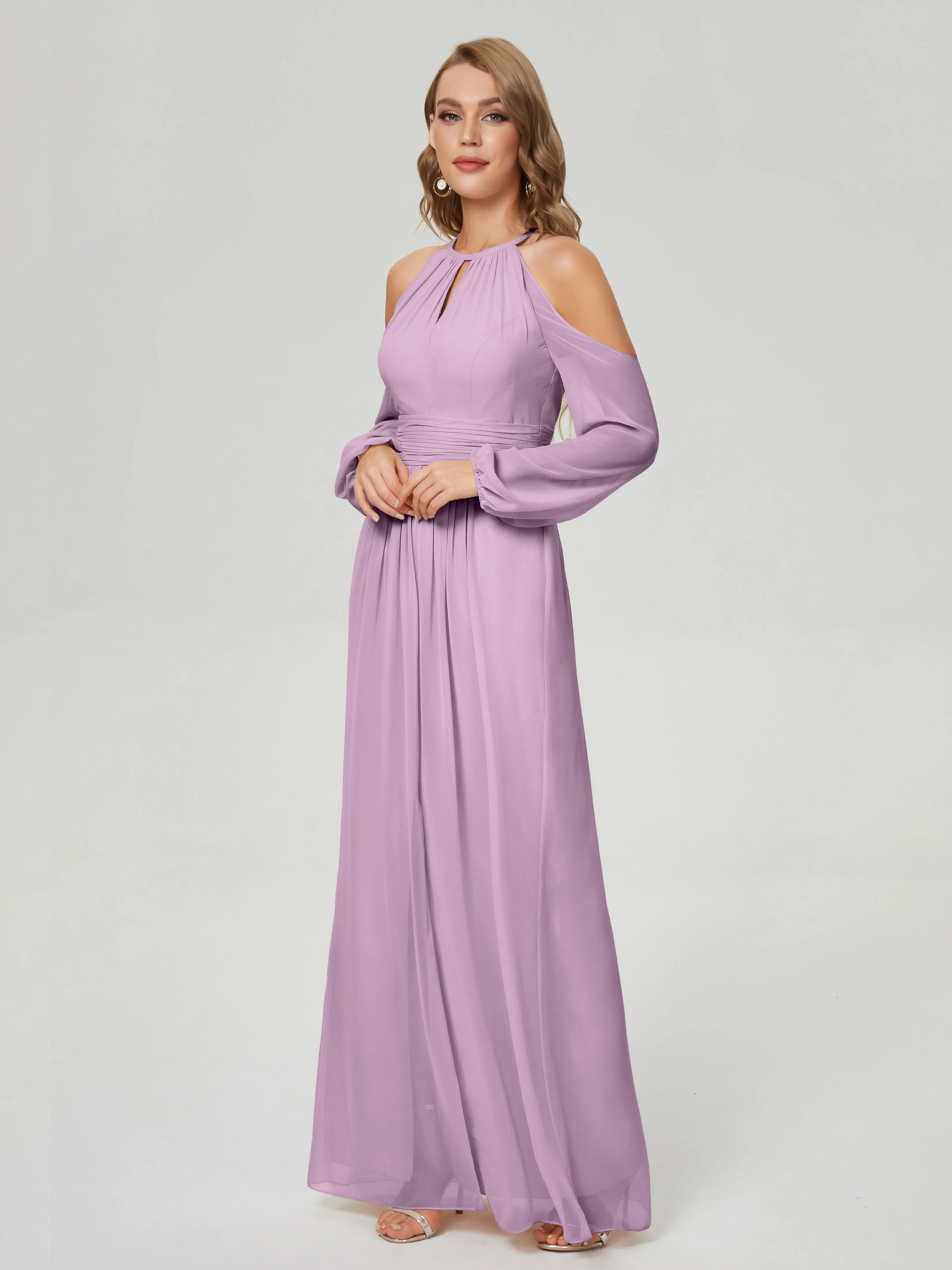 Phoebe Halter Long Sleeves Chiffon Bridesmaid Dresses