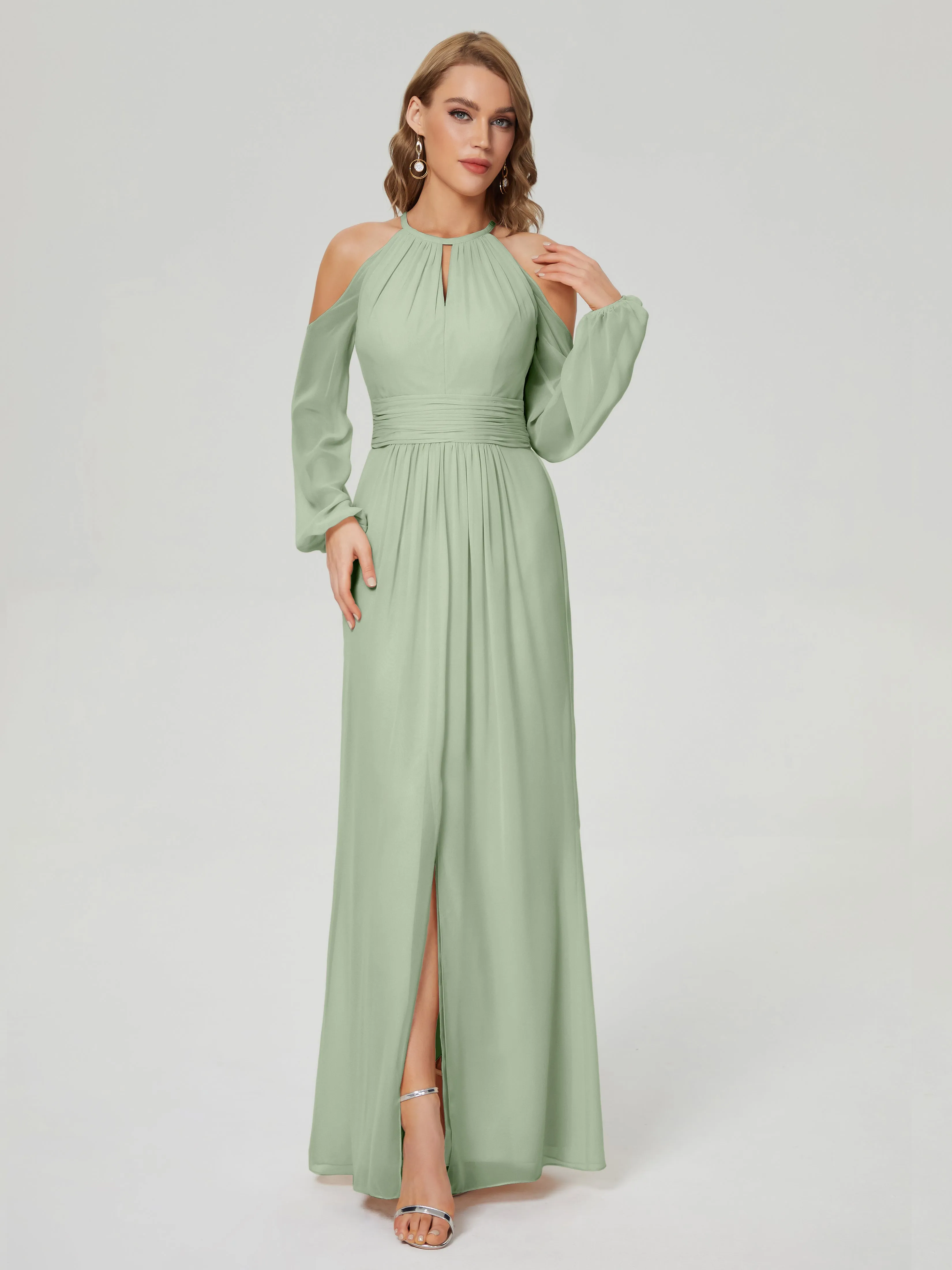 Phoebe Halter Long Sleeves Chiffon Bridesmaid Dresses