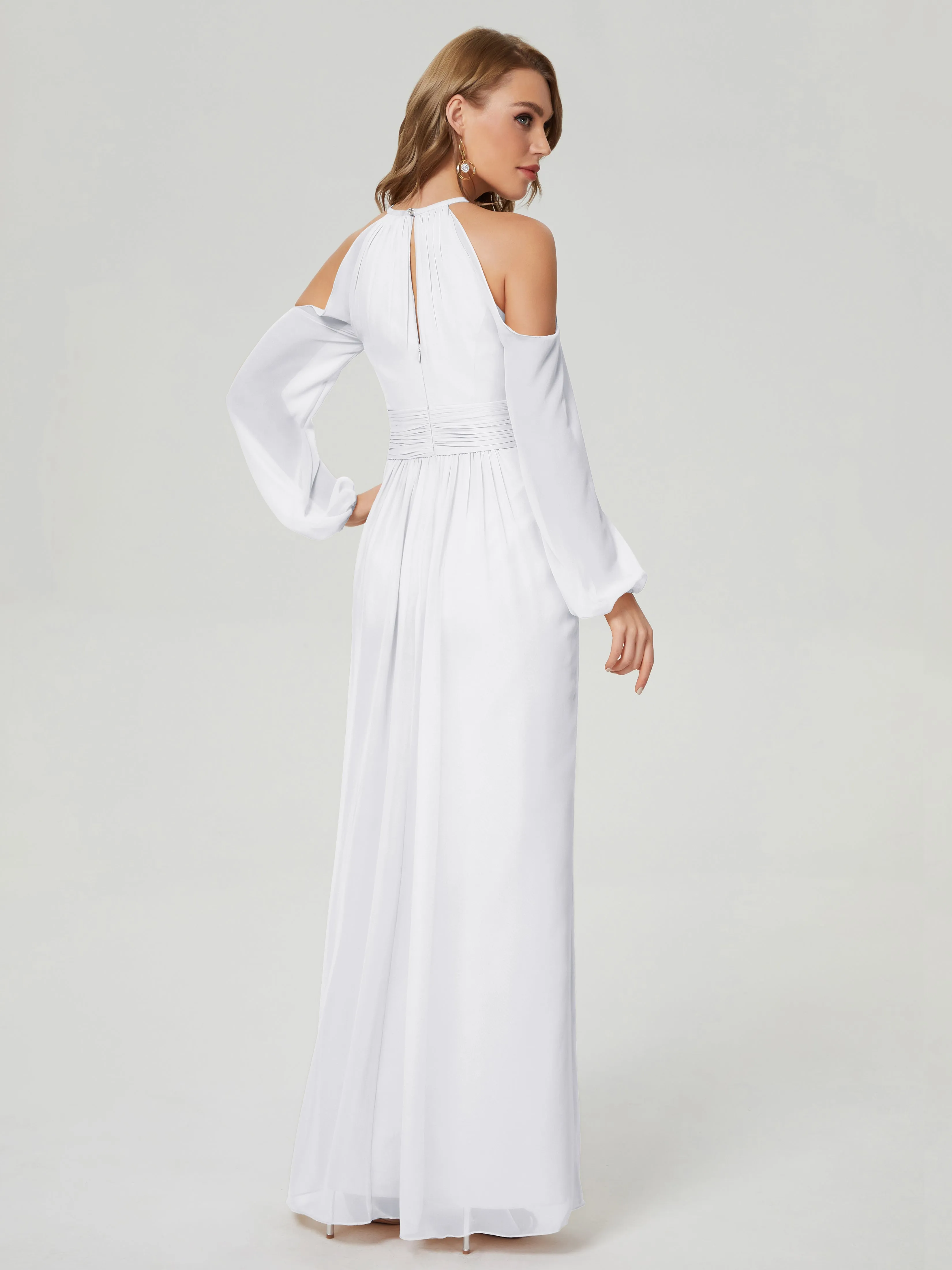 Phoebe Halter Long Sleeves Chiffon Bridesmaid Dresses