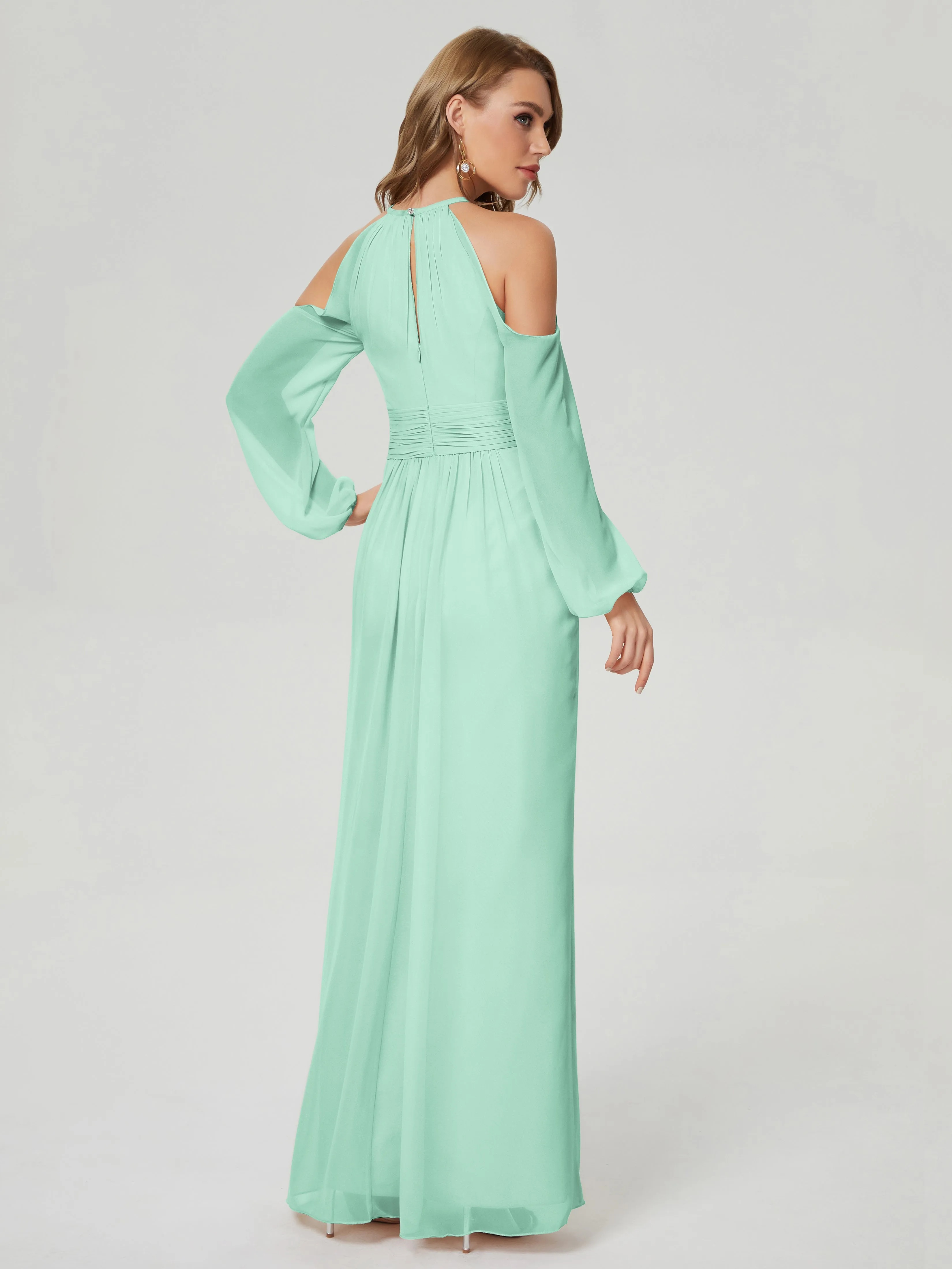 Phoebe Halter Long Sleeves Chiffon Bridesmaid Dresses