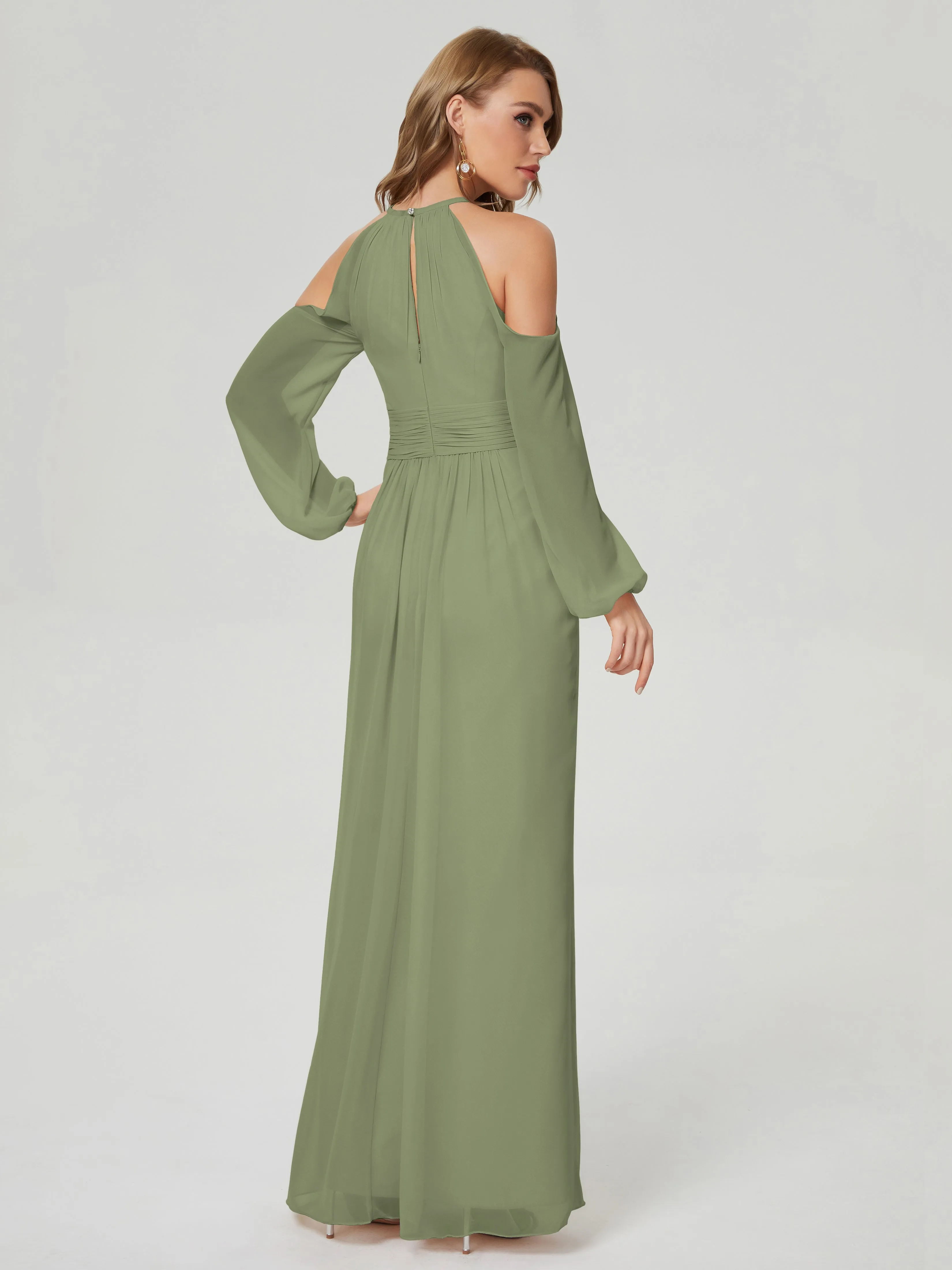 Phoebe Halter Long Sleeves Chiffon Bridesmaid Dresses