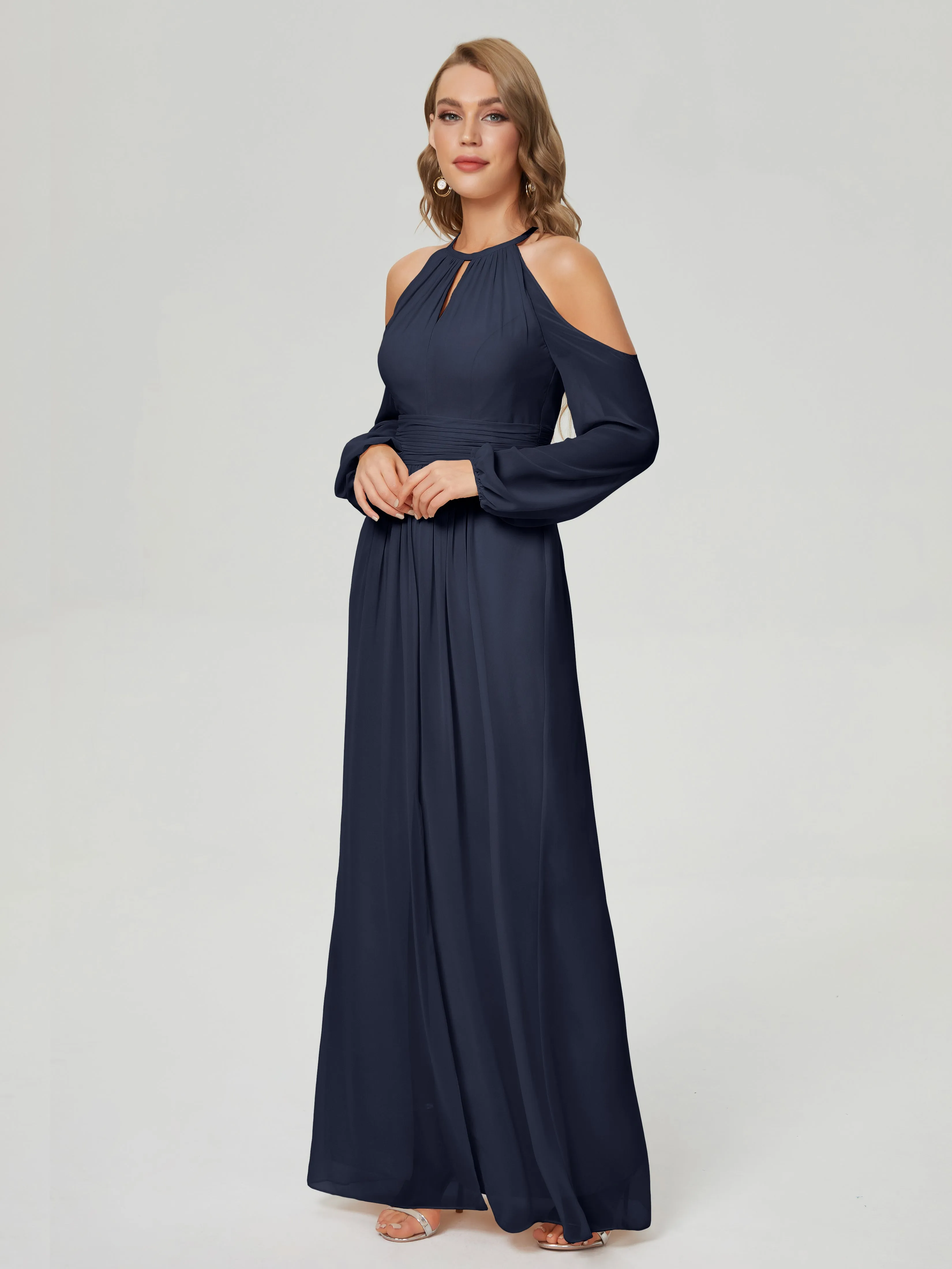 Phoebe Halter Long Sleeves Chiffon Bridesmaid Dresses