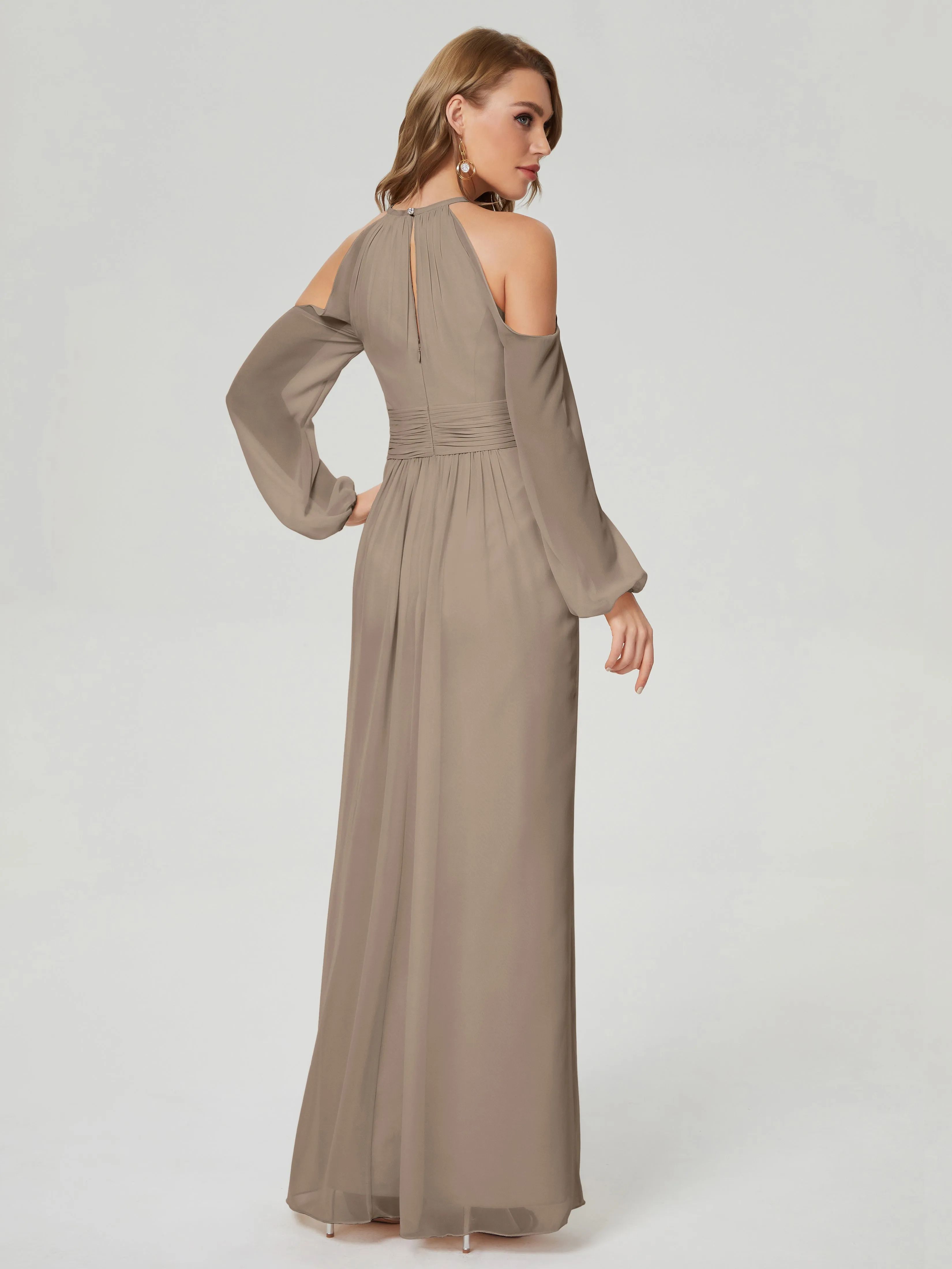 Phoebe Halter Long Sleeves Chiffon Bridesmaid Dresses