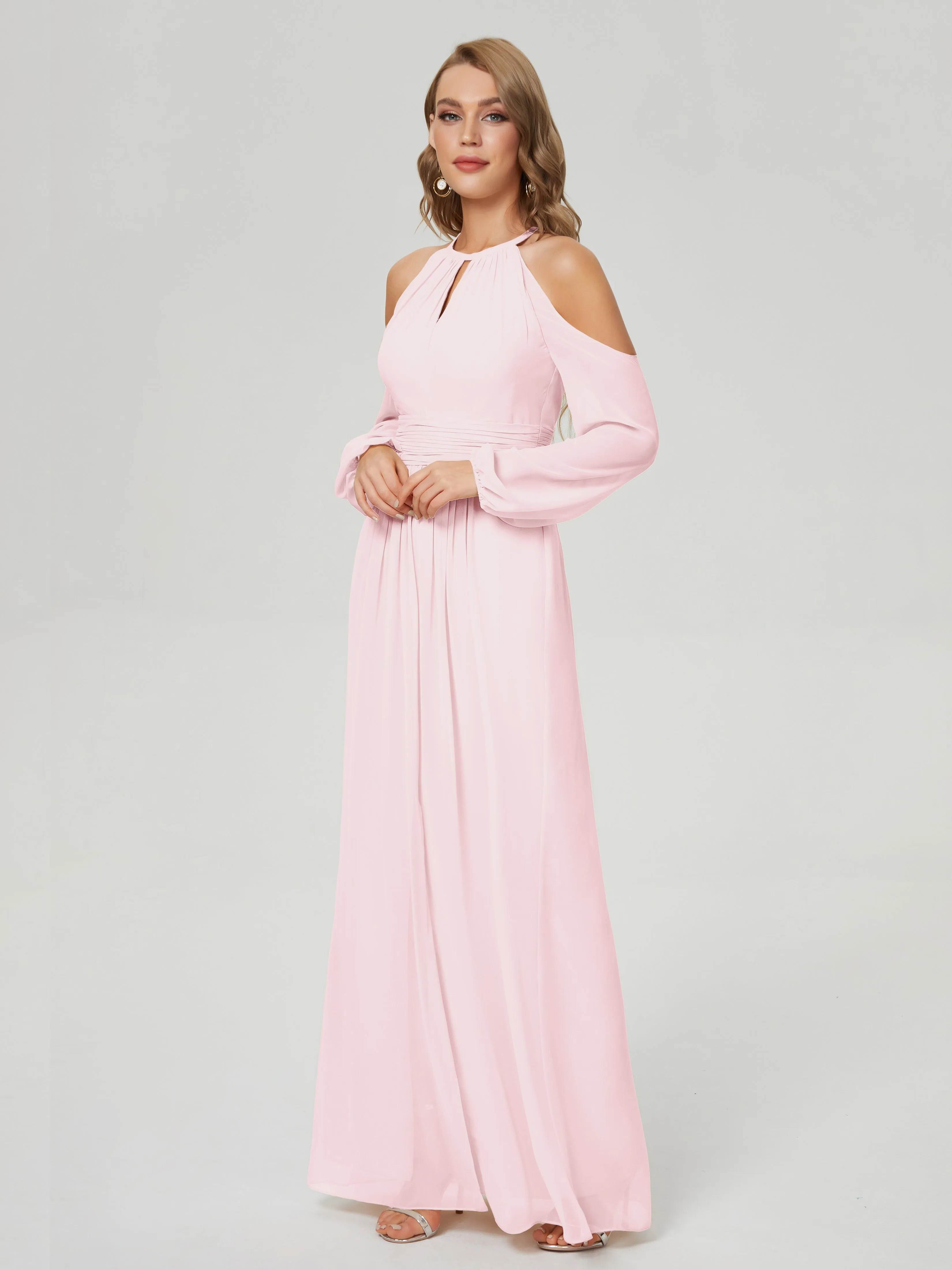 Phoebe Halter Long Sleeves Chiffon Bridesmaid Dresses