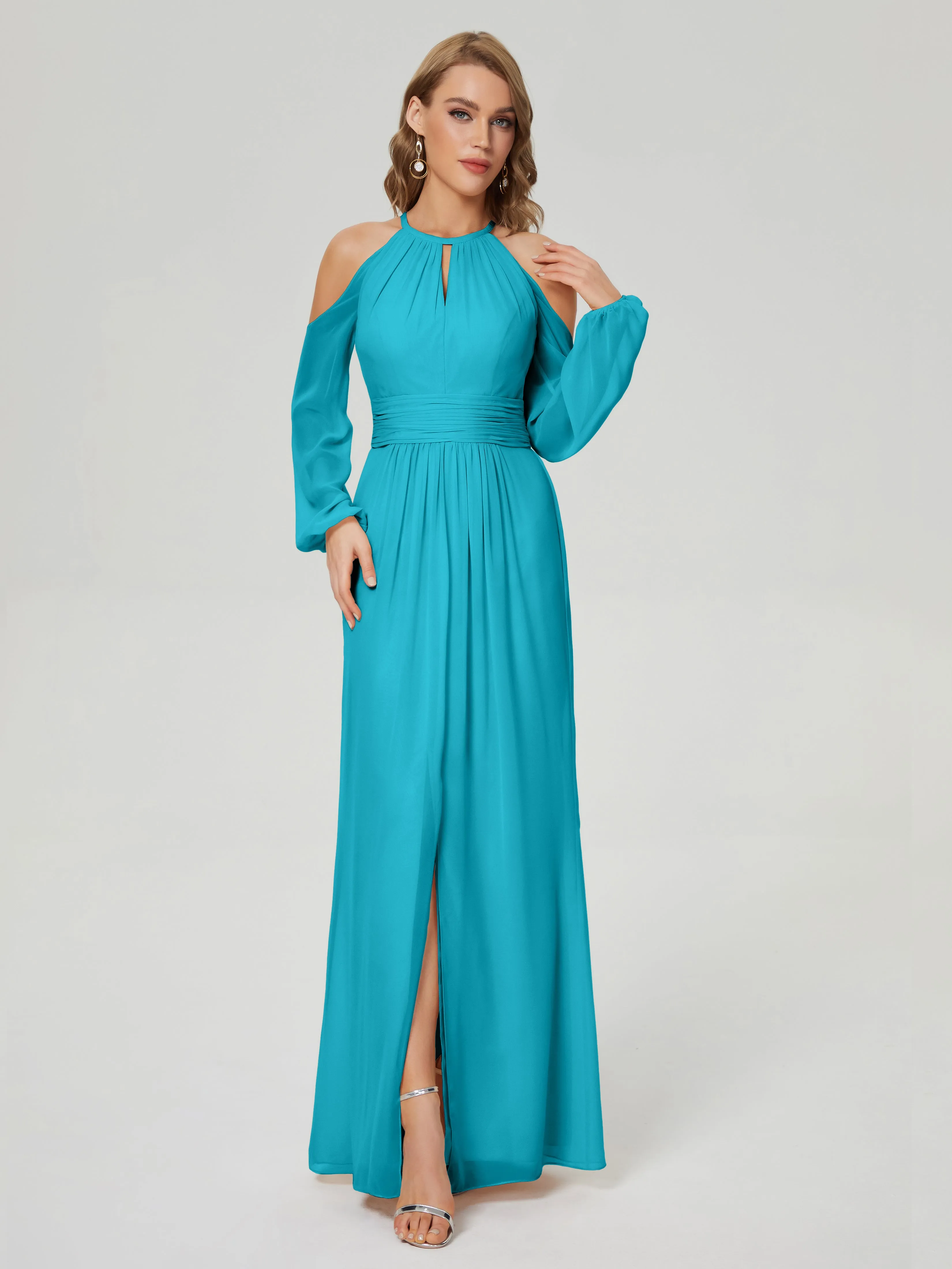 Phoebe Halter Long Sleeves Chiffon Bridesmaid Dresses