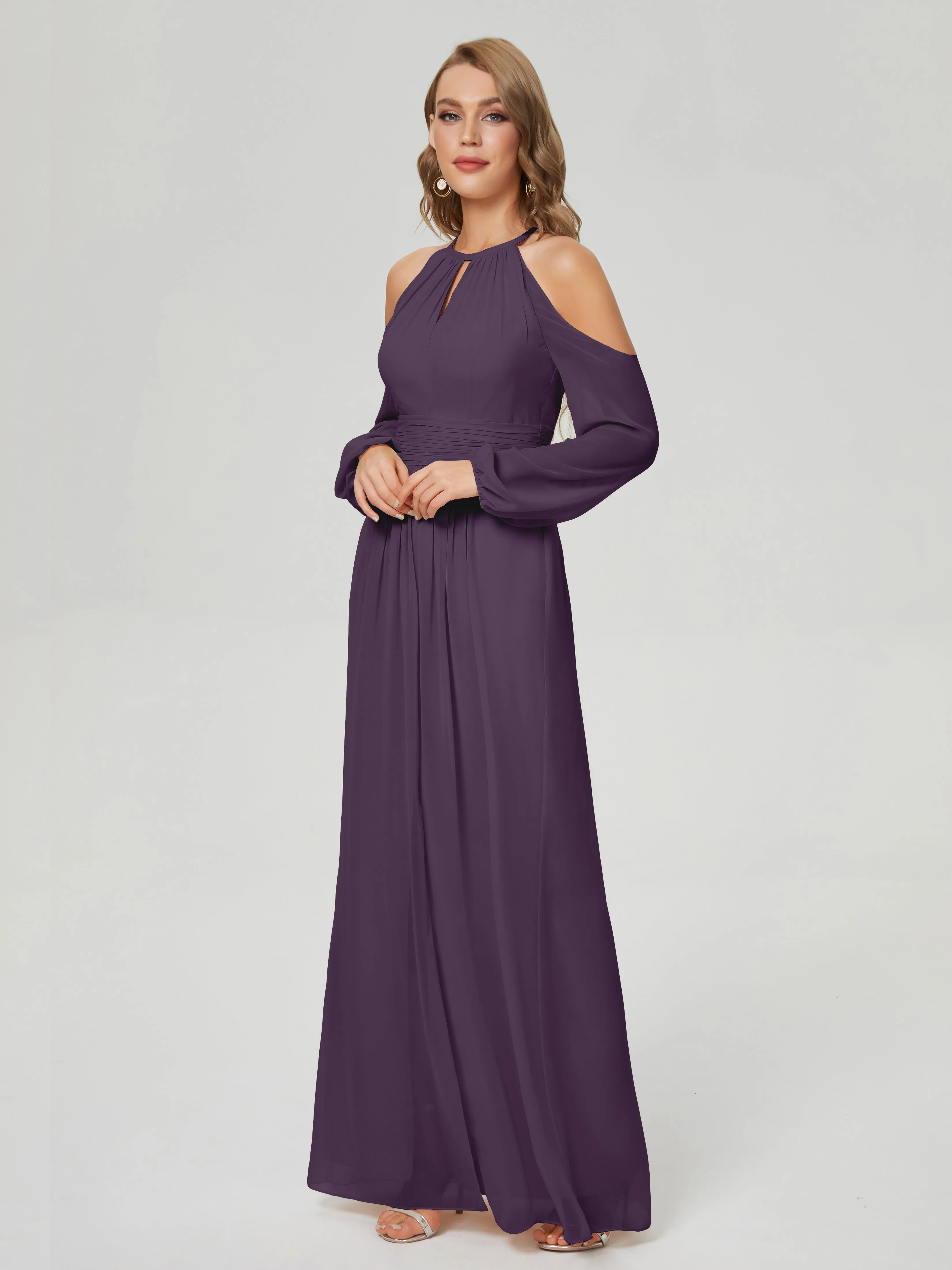 Phoebe Halter Long Sleeves Chiffon Bridesmaid Dresses