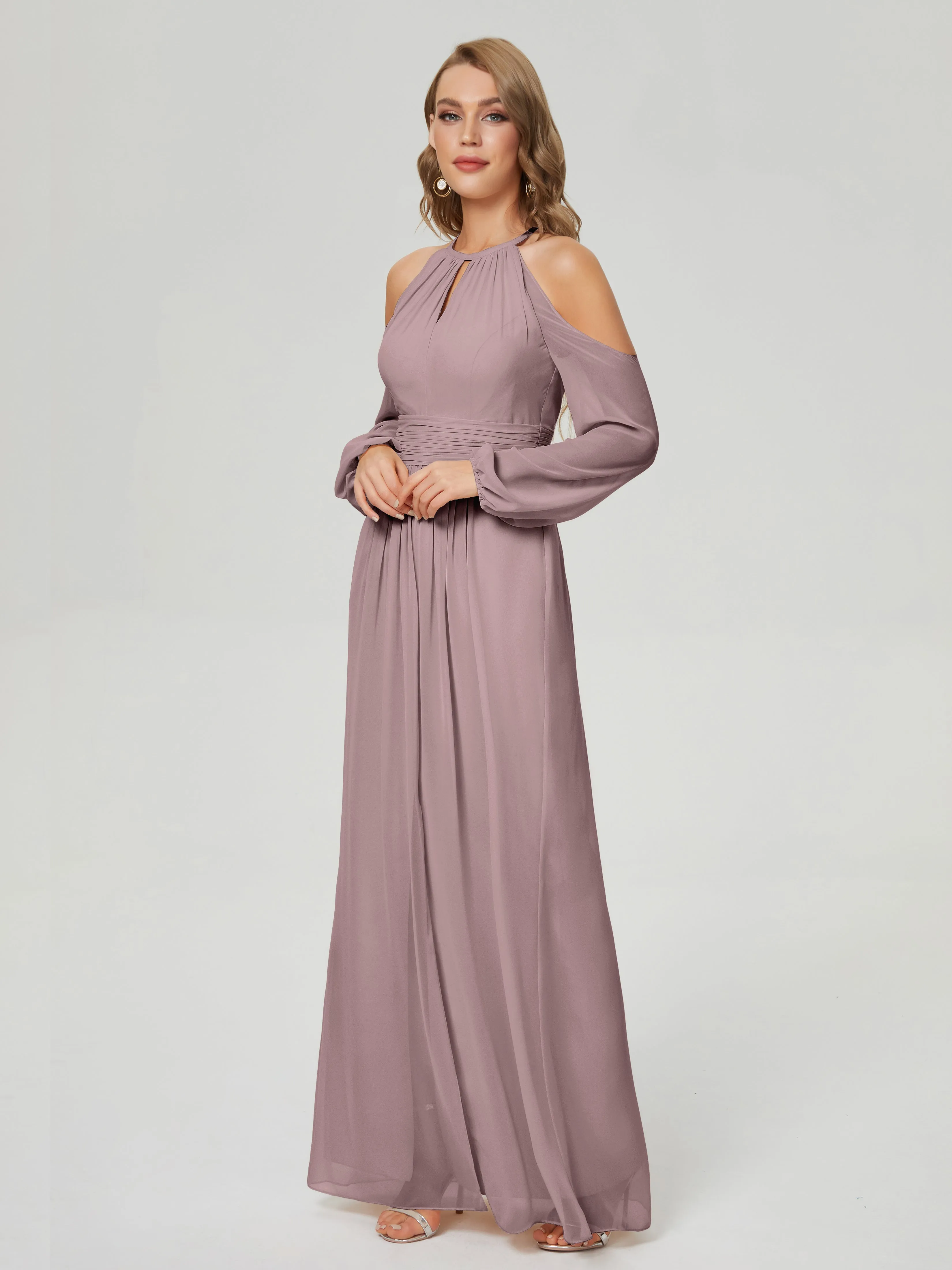 Phoebe Halter Long Sleeves Chiffon Bridesmaid Dresses
