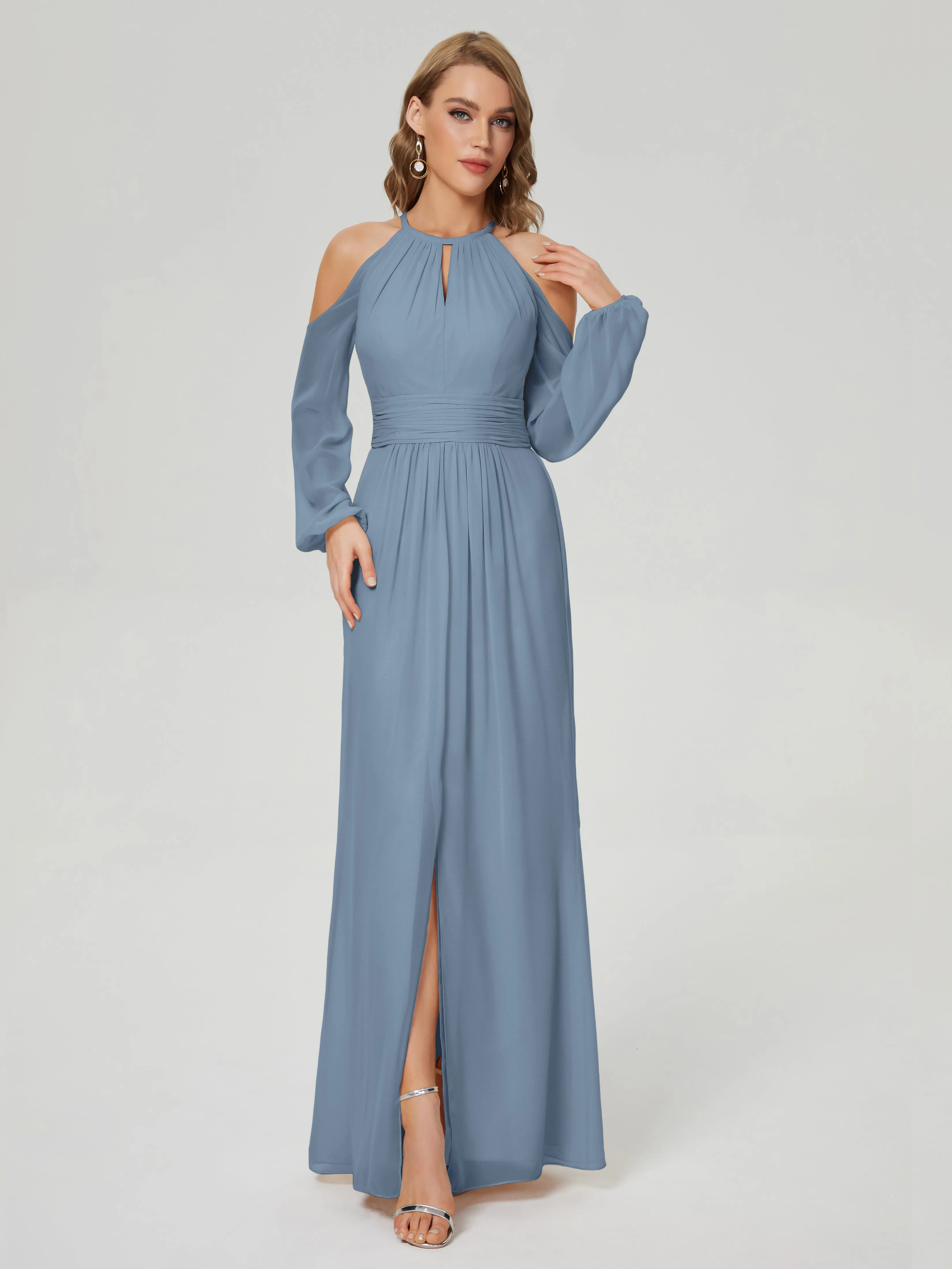 Phoebe Halter Long Sleeves Chiffon Bridesmaid Dresses