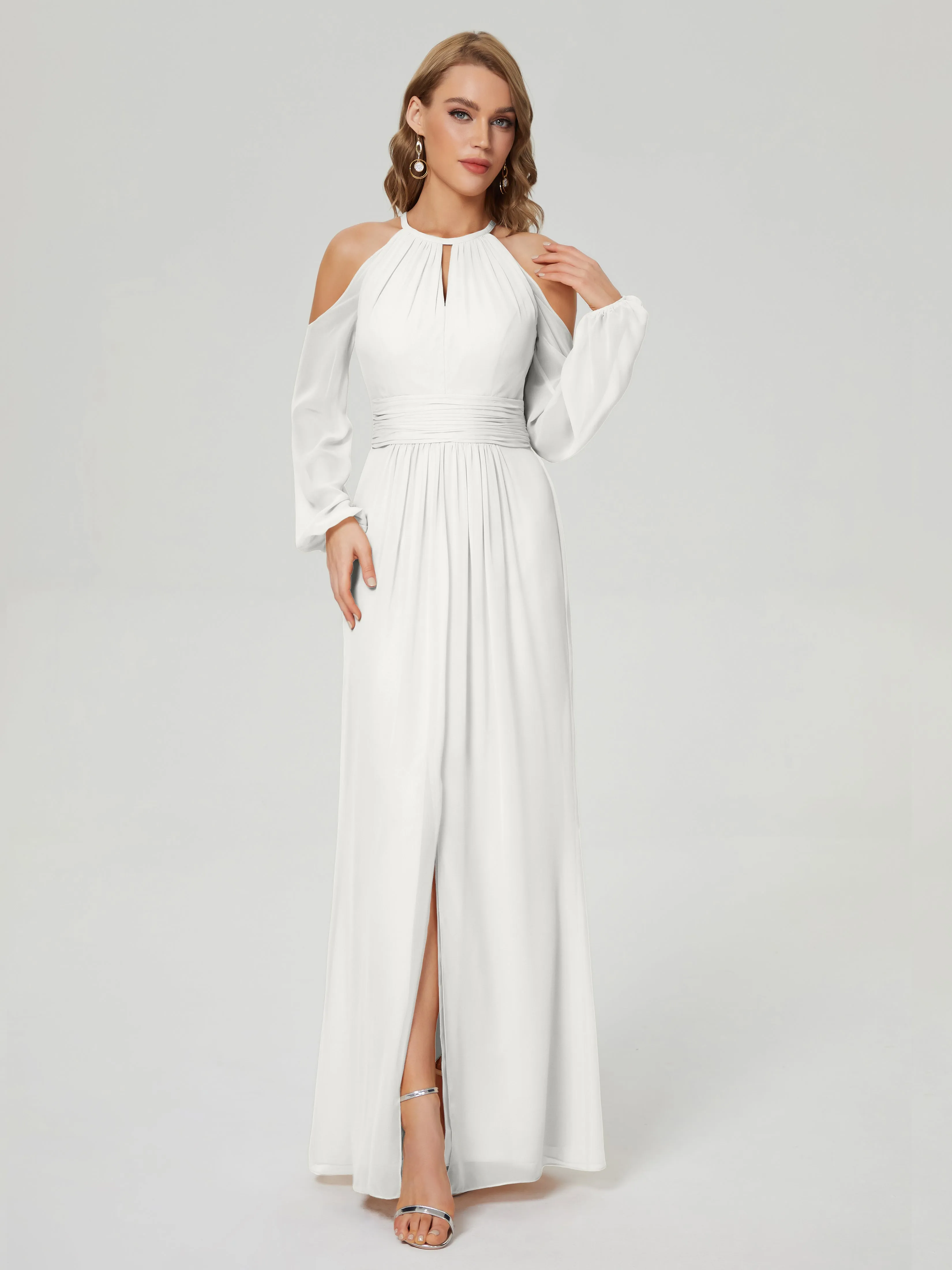 Phoebe Halter Long Sleeves Chiffon Bridesmaid Dresses