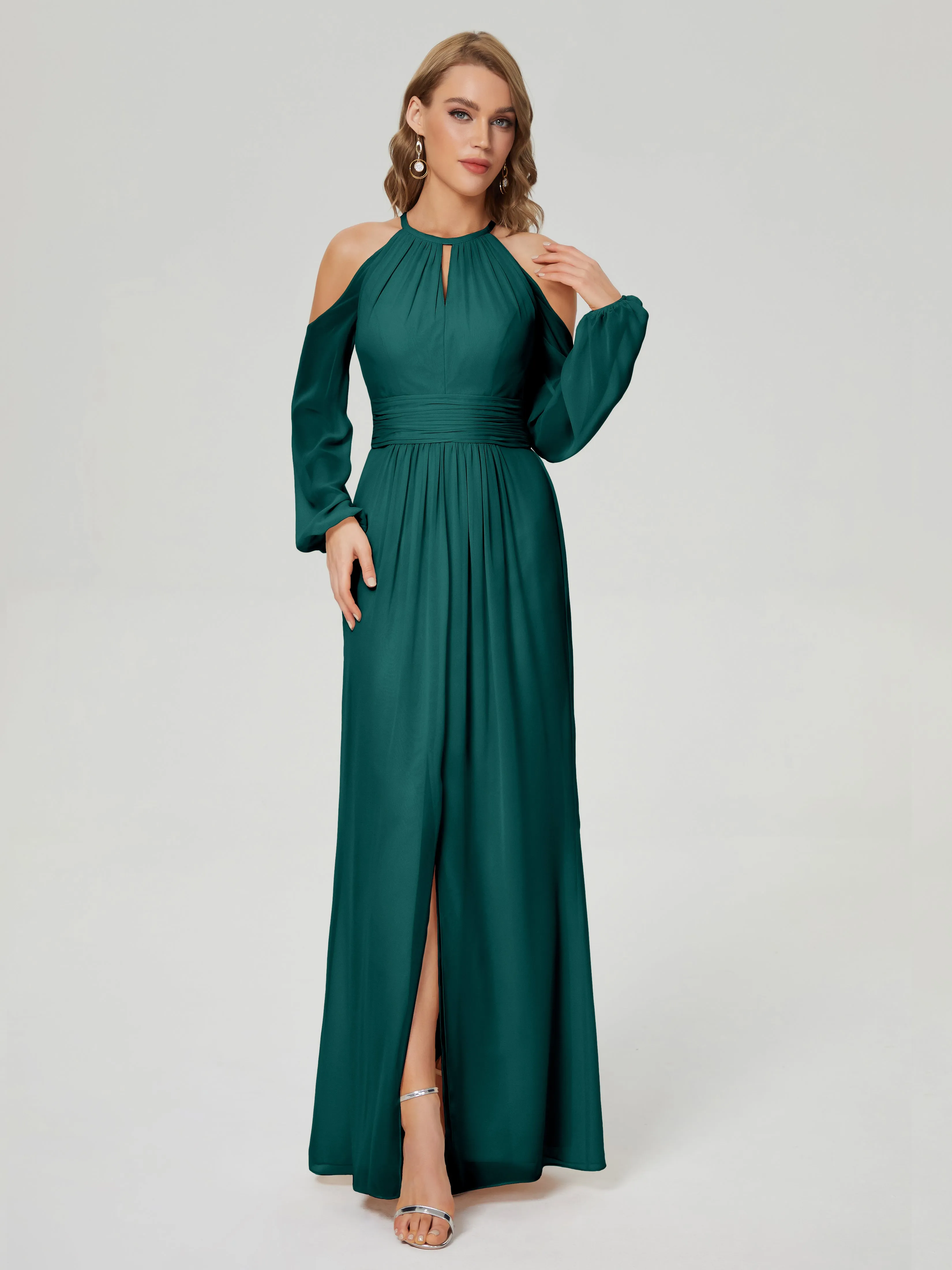 Phoebe Halter Long Sleeves Chiffon Bridesmaid Dresses